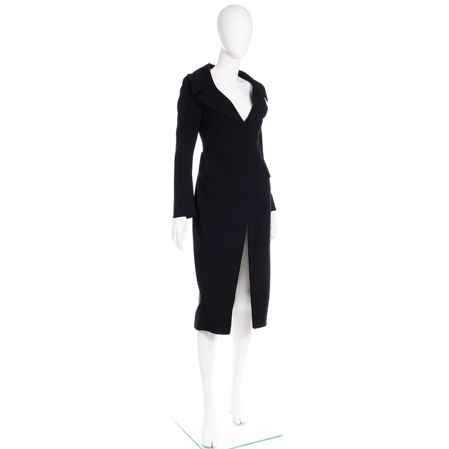 1990s Donna Karan Collection Black Wool Coat w Open Neckline