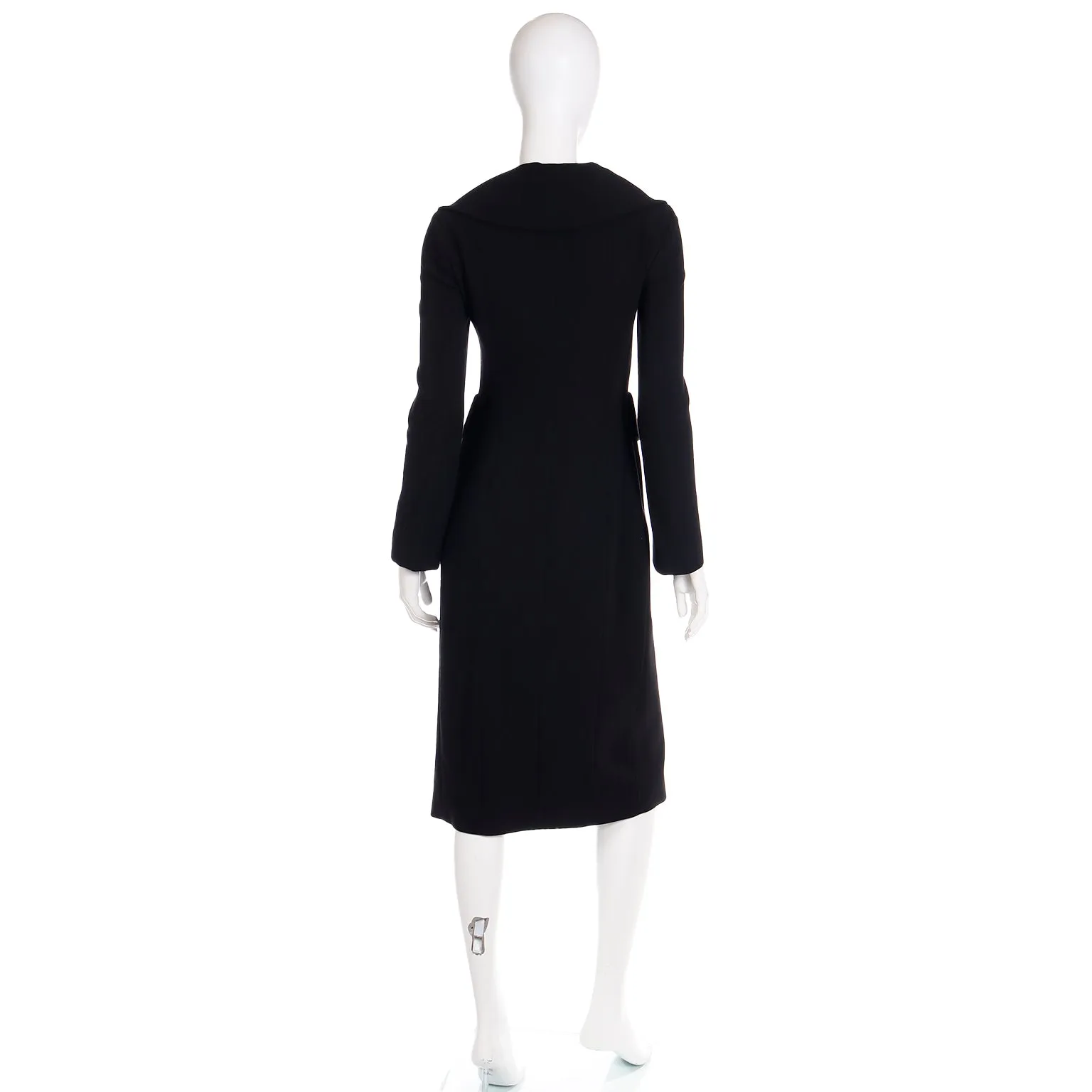 1990s Donna Karan Collection Black Wool Coat w Open Neckline