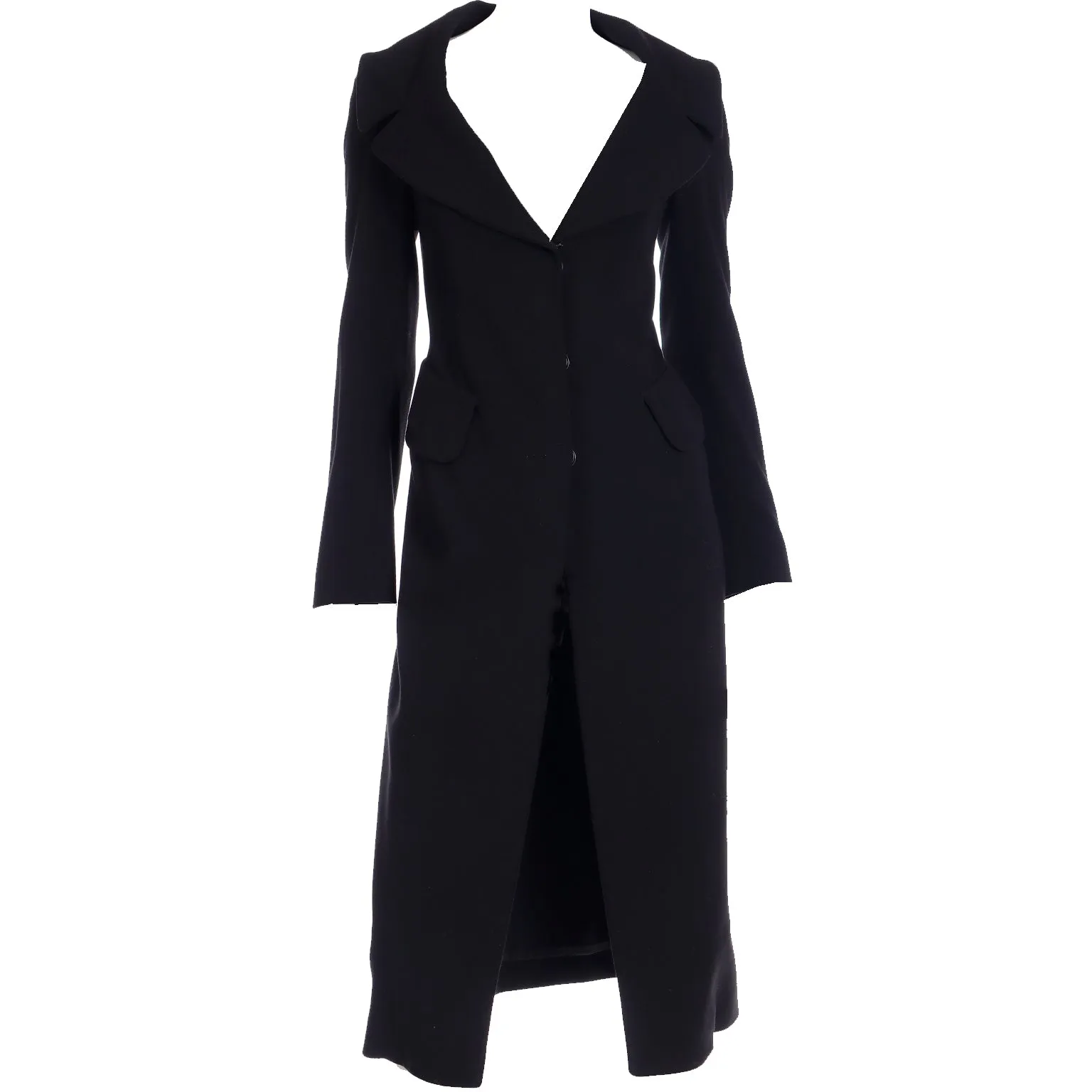 1990s Donna Karan Collection Black Wool Coat w Open Neckline