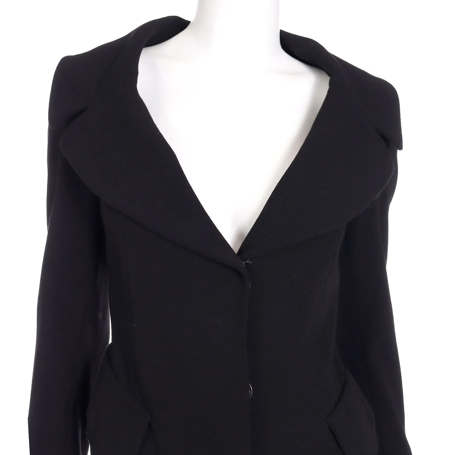 1990s Donna Karan Collection Black Wool Coat w Open Neckline