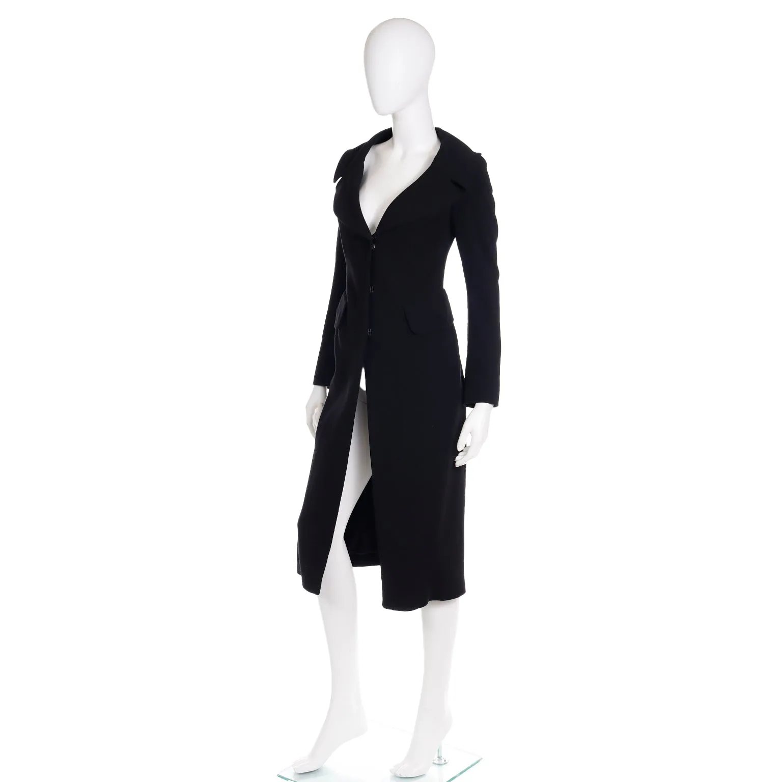 1990s Donna Karan Collection Black Wool Coat w Open Neckline