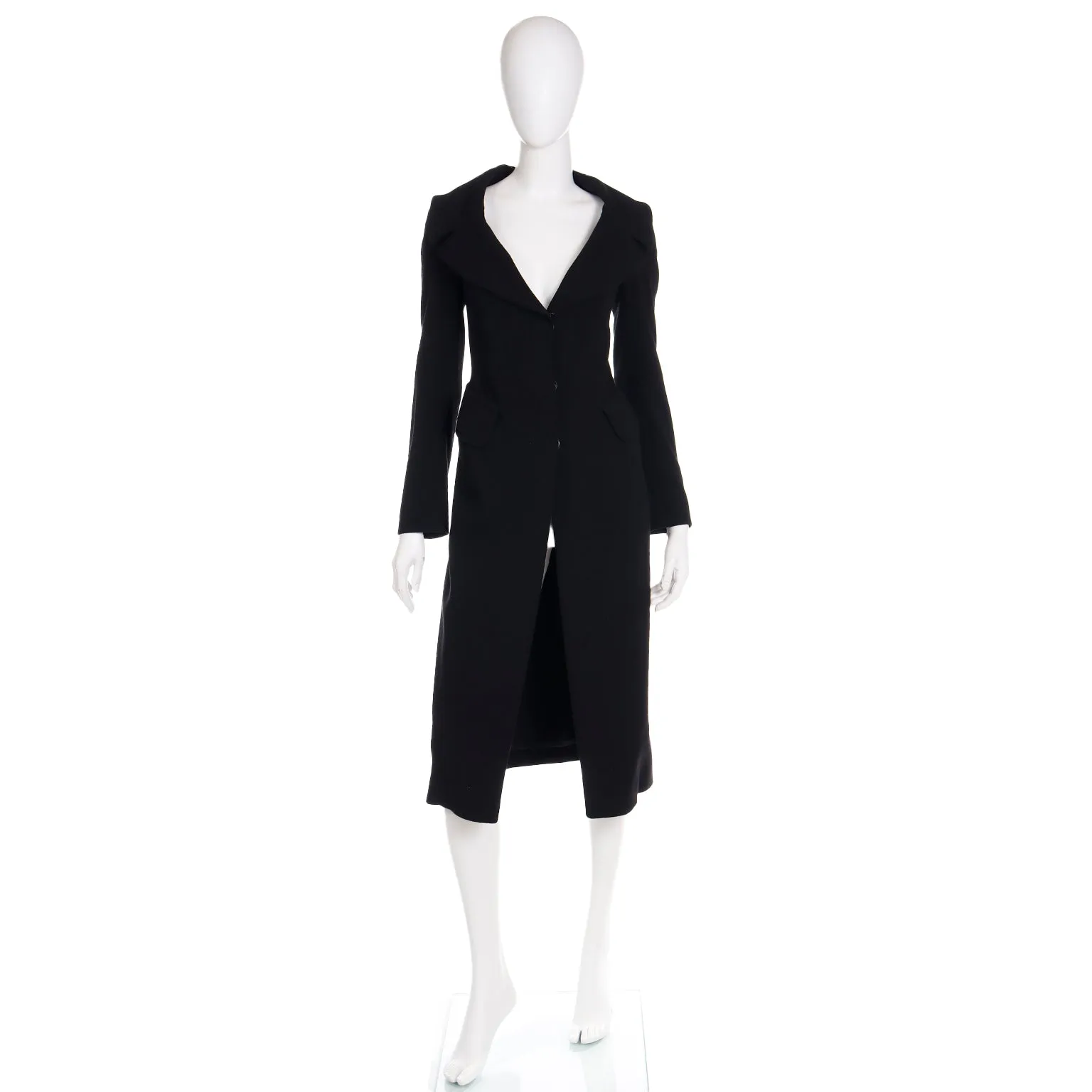 1990s Donna Karan Collection Black Wool Coat w Open Neckline