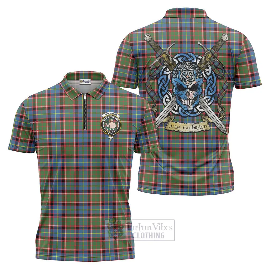 Aikenhead Tartan Zipper Polo Shirt with Family Crest Celtic Skull Style