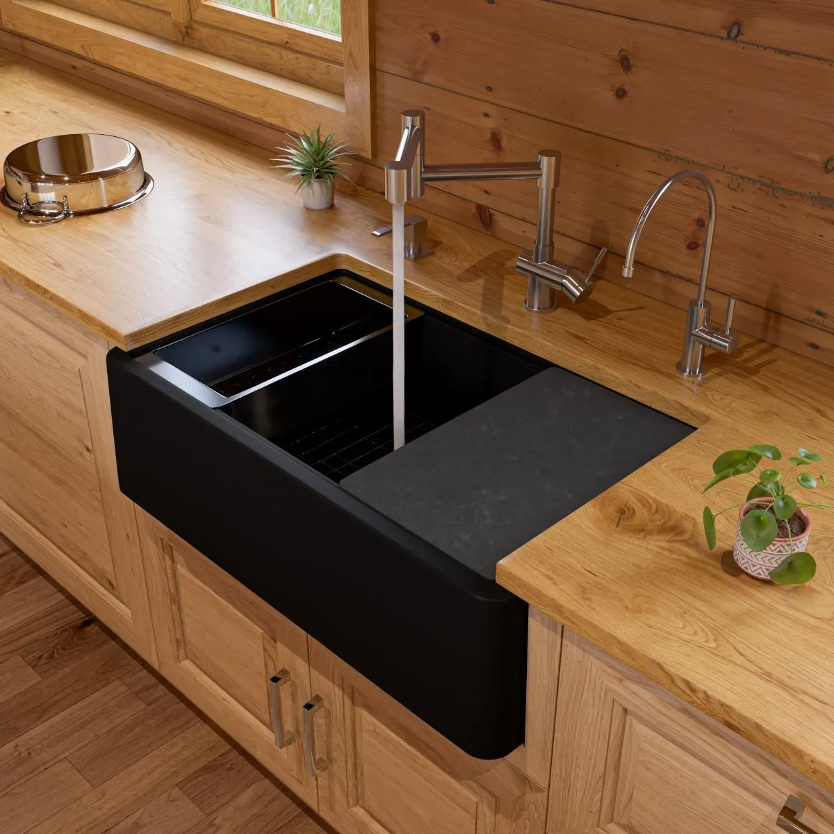 ALFI brand - Black 33" Granite Composite Single Bowl Drop In Farm Sink with Accessories - AB33FARM-BLA