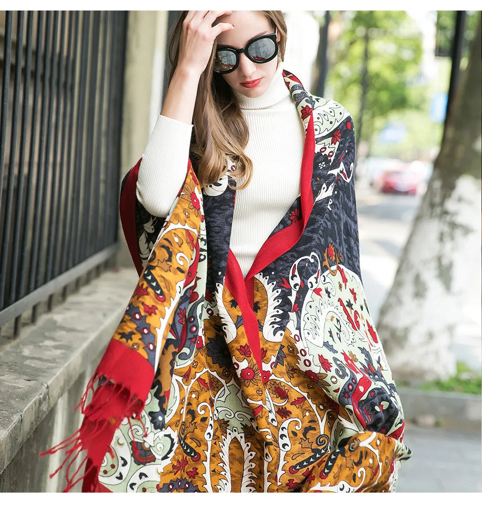 Anyyou 100% Pure Merino Wool Multicolor Paisley Stylish Poncho Winter Large Scarf With Trendy Pashmina Shawl Bandana  For Womenfashion Design