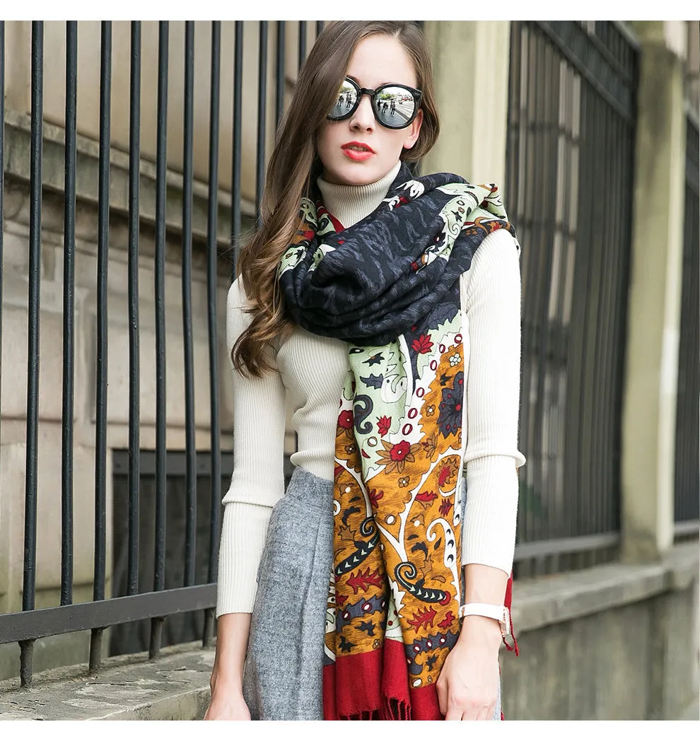 Anyyou 100% Pure Merino Wool Multicolor Paisley Stylish Poncho Winter Large Scarf With Trendy Pashmina Shawl Bandana  For Womenfashion Design