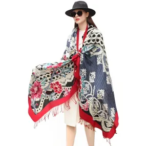 Anyyou 100% Pure Merino Wool Multicolor Rose Zentangle Stylish Poncho Winter Large Scarf With Trendy Pashmina Shawl Bandana  For Womenfashion Design