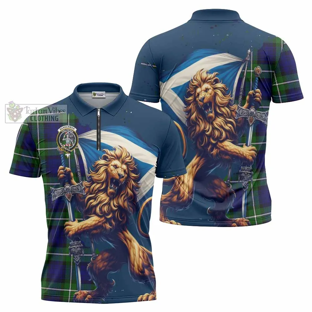 Bannerman Tartan Family Crest Zipper Polo Shirt with Scottish Majestic Lion