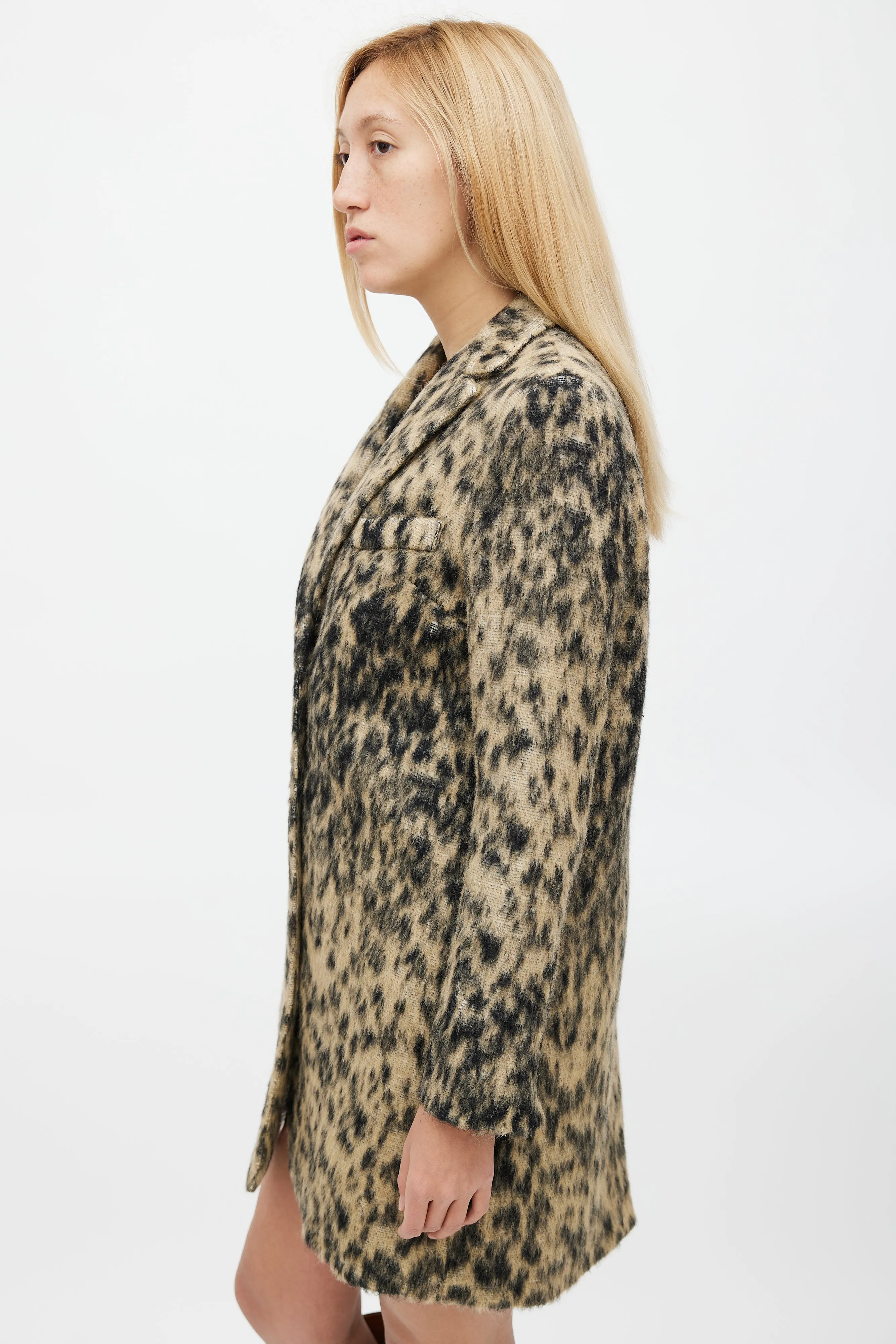 Black & Beige Wool Blend Print Lab Coat