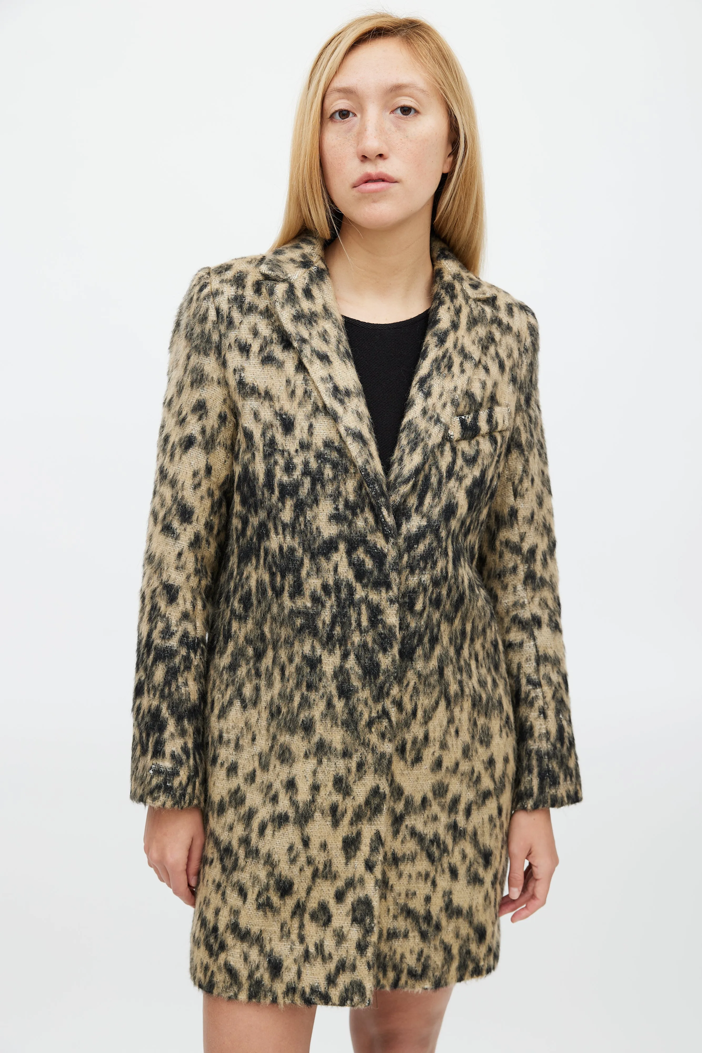 Black & Beige Wool Blend Print Lab Coat