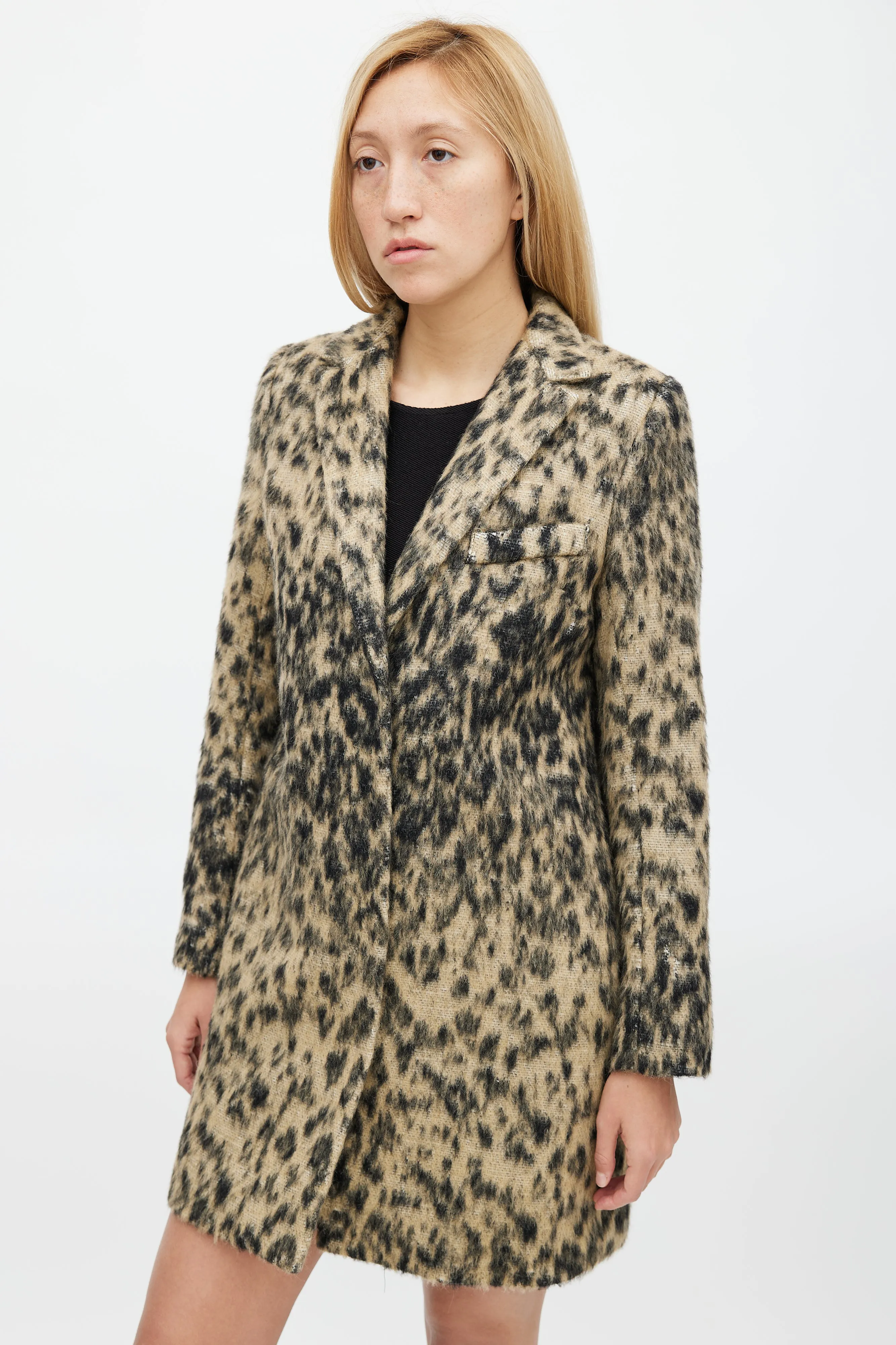 Black & Beige Wool Blend Print Lab Coat