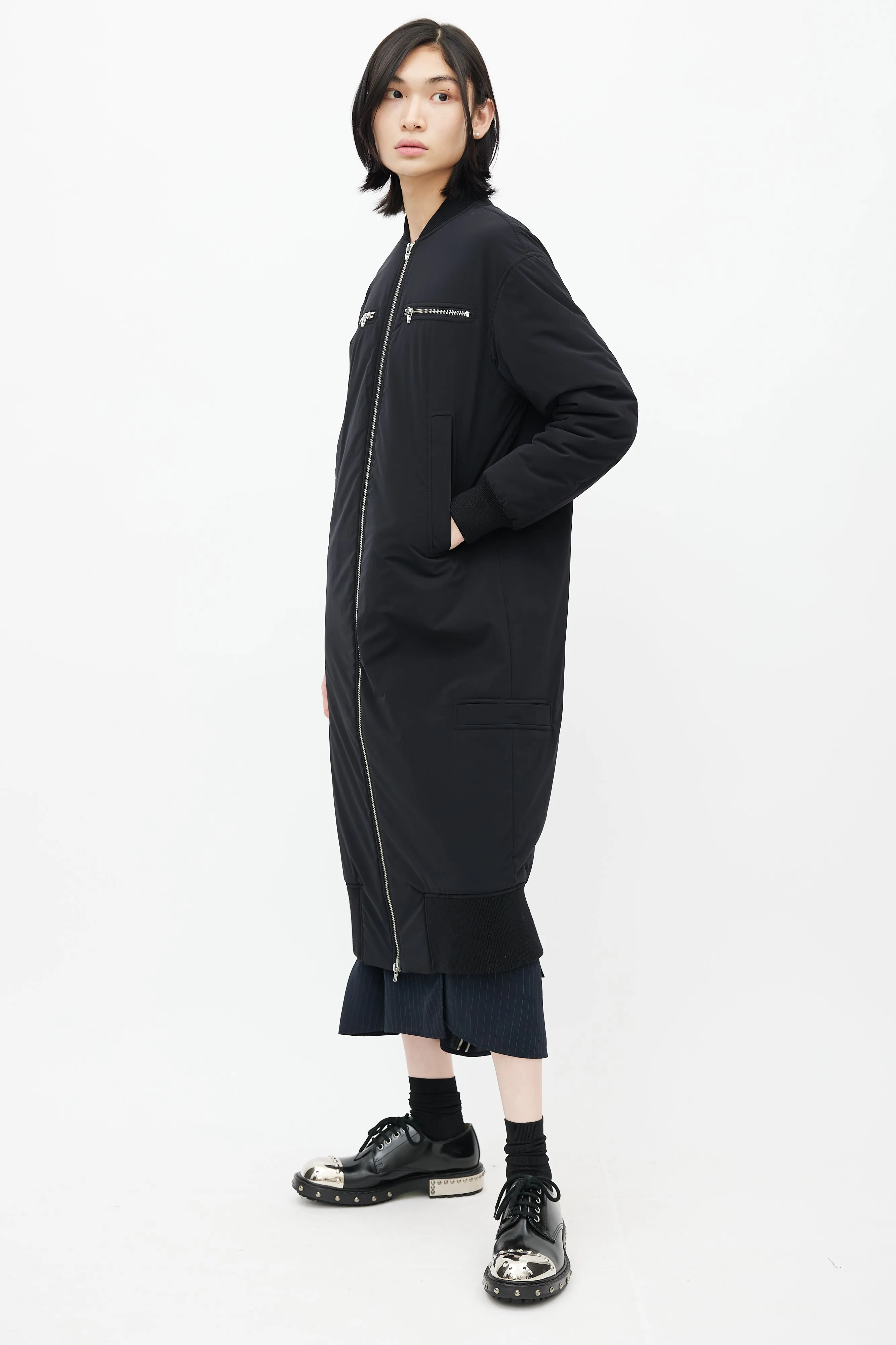 Black Nylon Bomber Coat