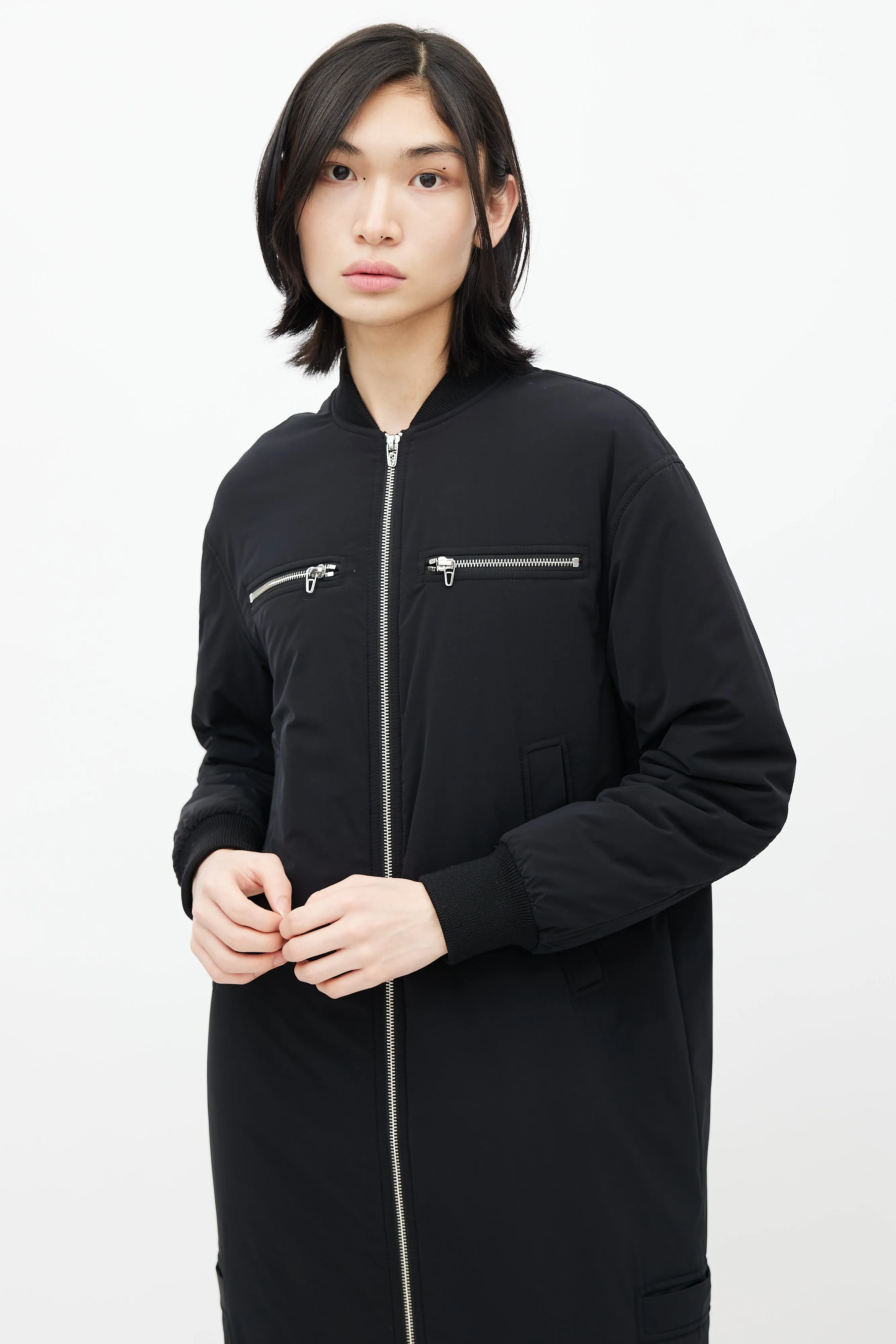 Black Nylon Bomber Coat