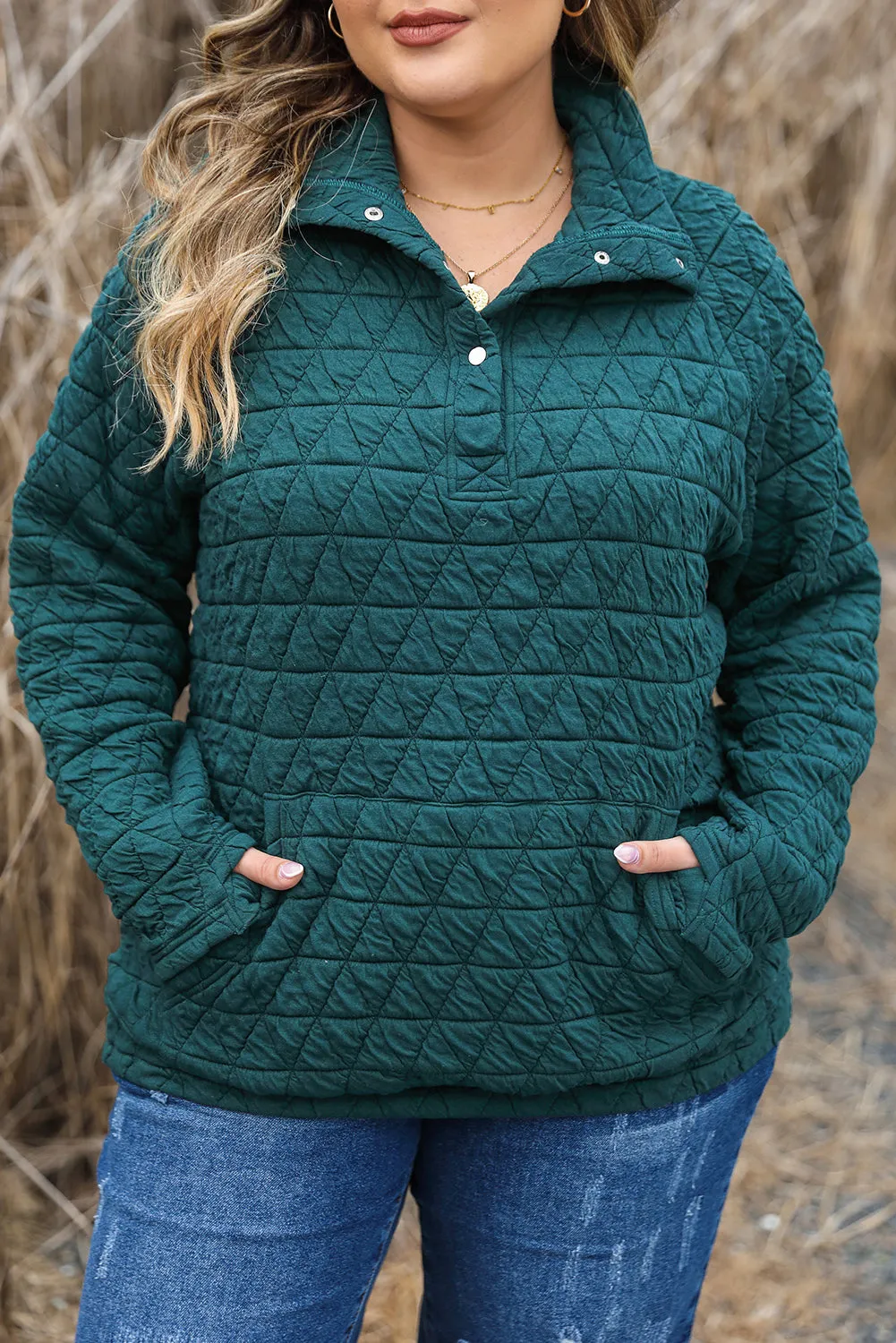 Blackish Green Plus Size Quilted Sweatshirt with Buttoned Neckline & Kangaroo Pocket