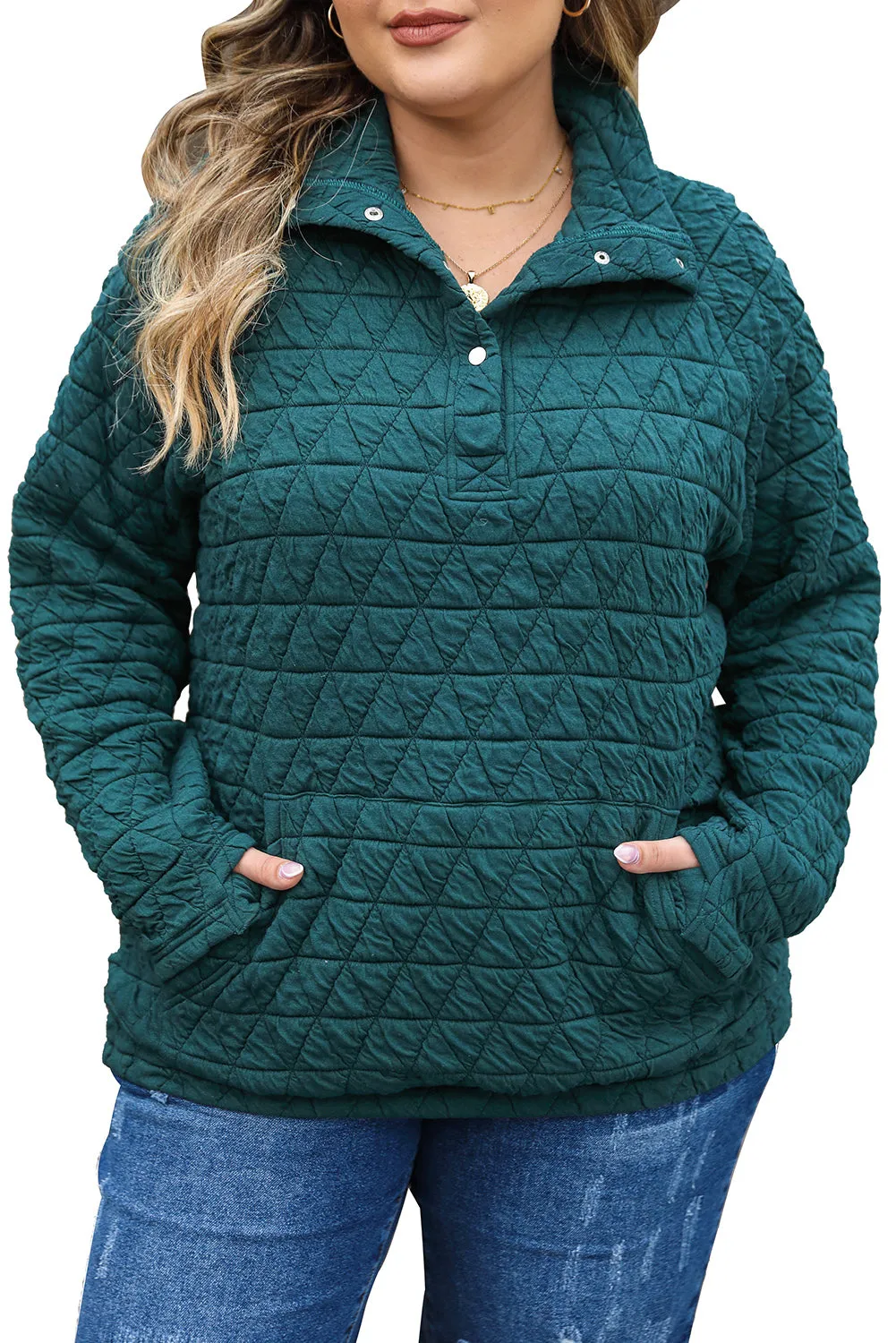 Blackish Green Plus Size Quilted Sweatshirt with Buttoned Neckline & Kangaroo Pocket