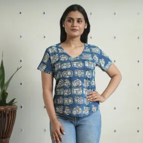 Blue - Bindaas Block Art Printed Cotton Women V Neck T-shirt 01