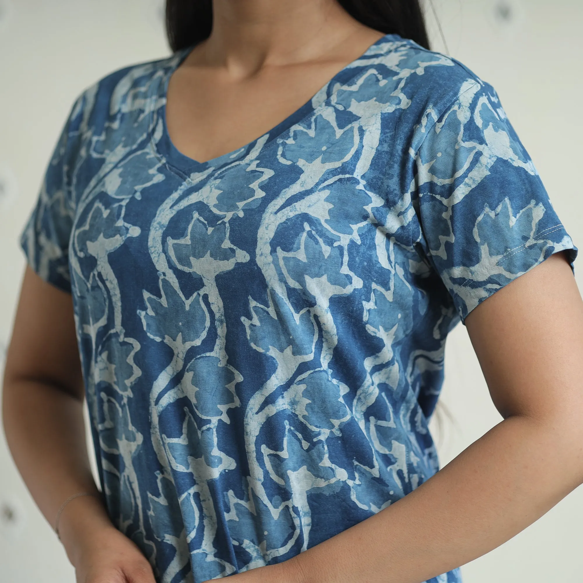 Blue - Bindaas Block Art Printed Cotton Women V Neck T-shirt 06