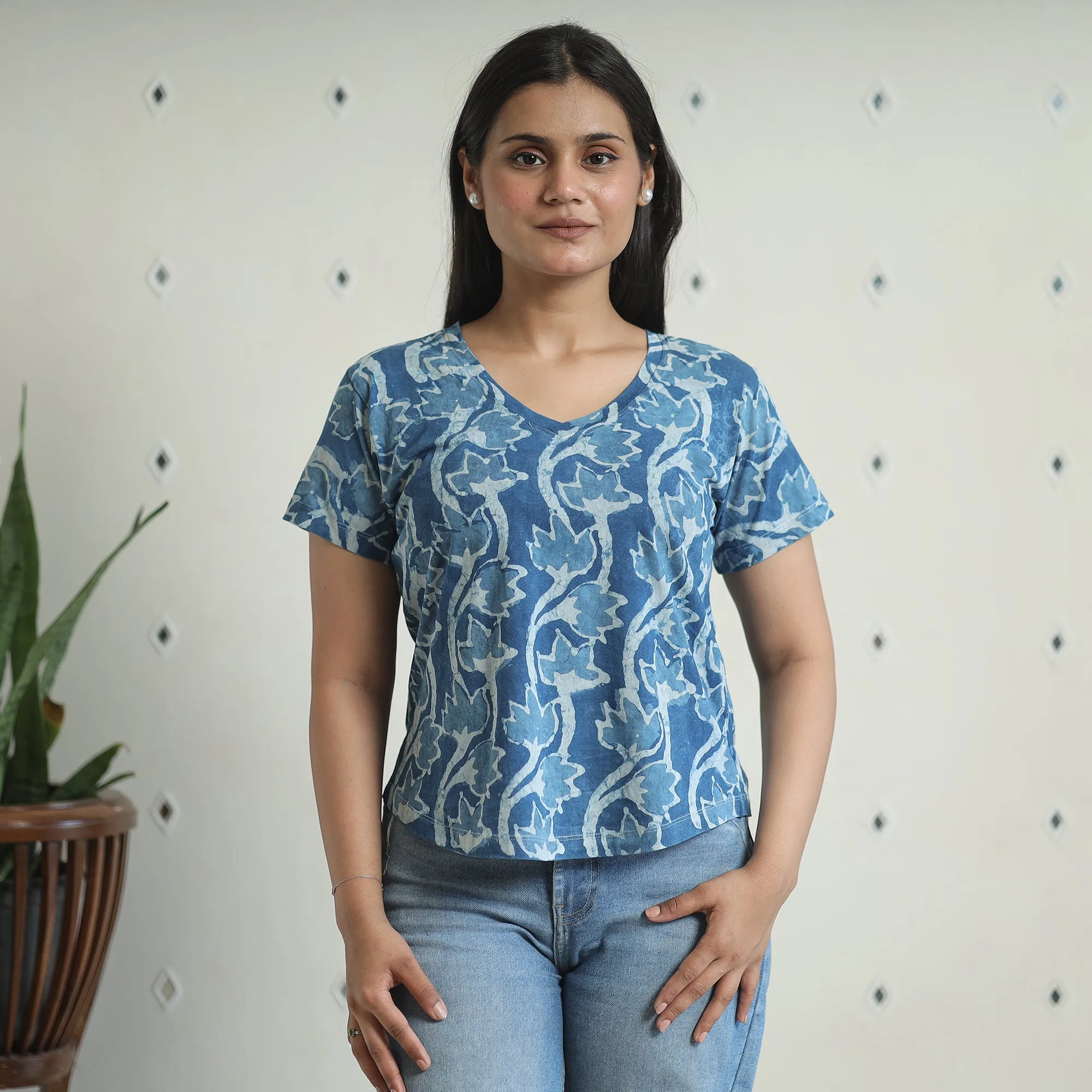 Blue - Bindaas Block Art Printed Cotton Women V Neck T-shirt 06