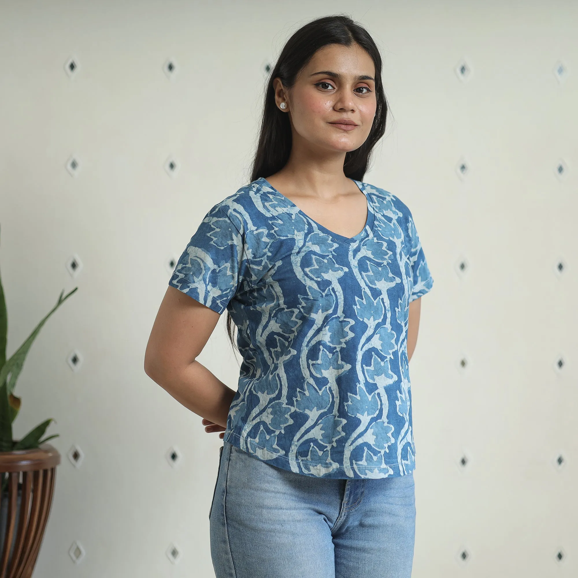 Blue - Bindaas Block Art Printed Cotton Women V Neck T-shirt 06