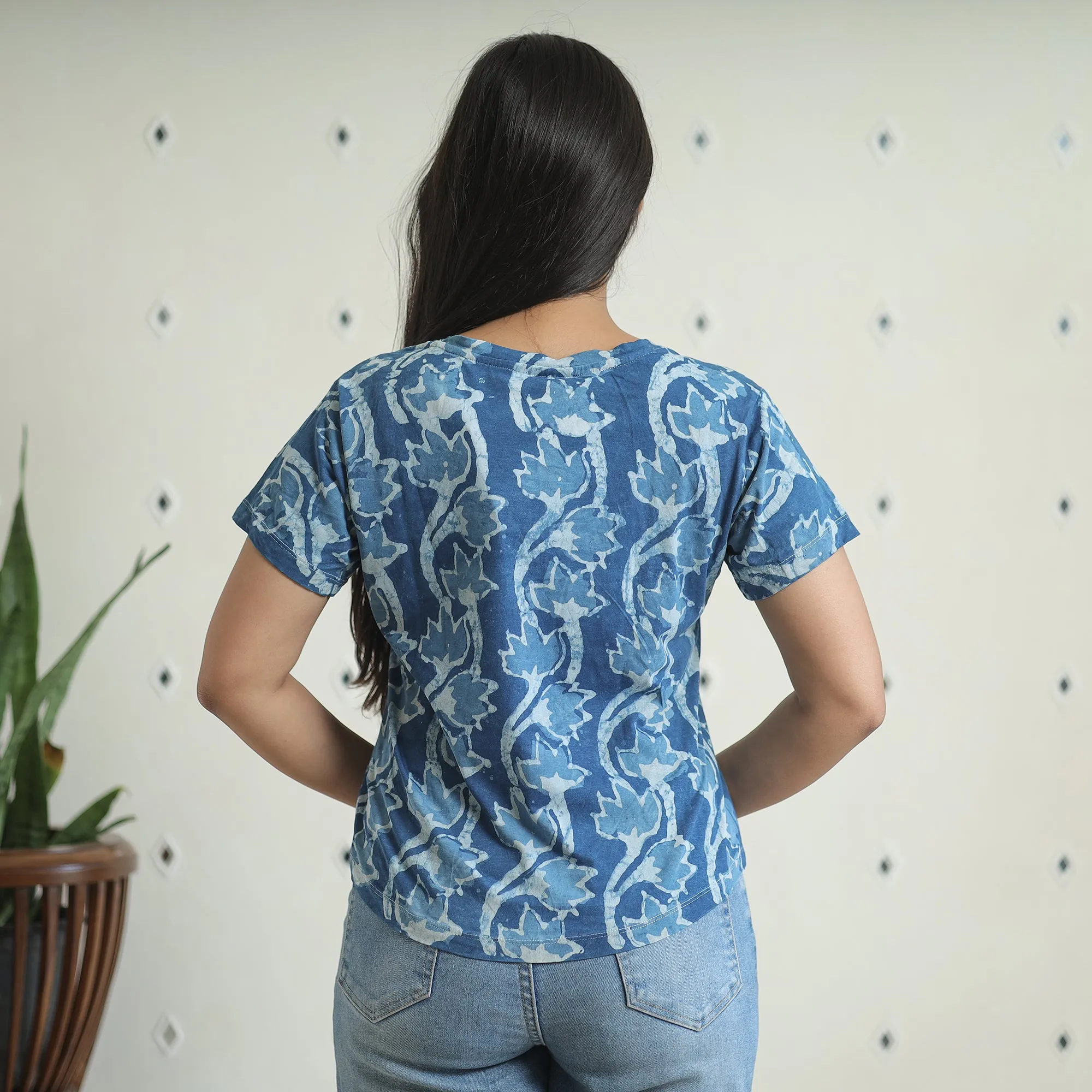 Blue - Bindaas Block Art Printed Cotton Women V Neck T-shirt 06