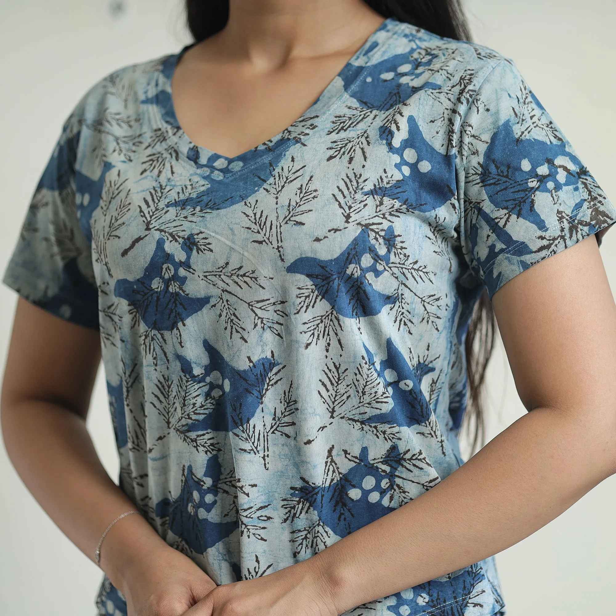 Blue - Bindaas Block Art Printed Cotton Women V Neck T-shirt 14