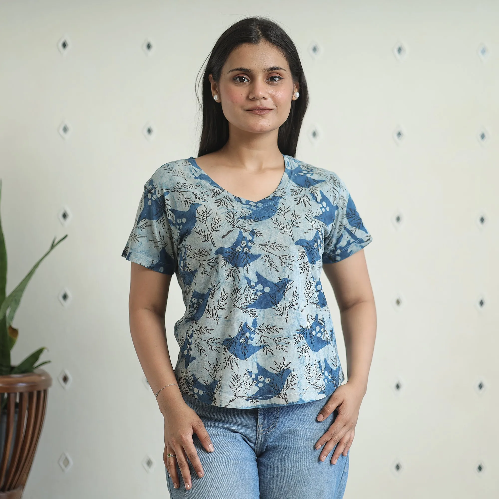 Blue - Bindaas Block Art Printed Cotton Women V Neck T-shirt 14