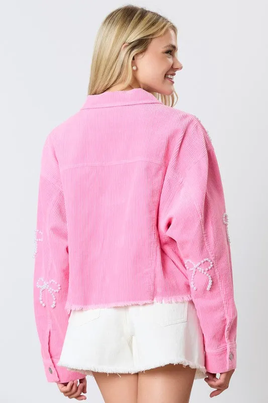 Bow Embellished Pink Corduroy Jacket