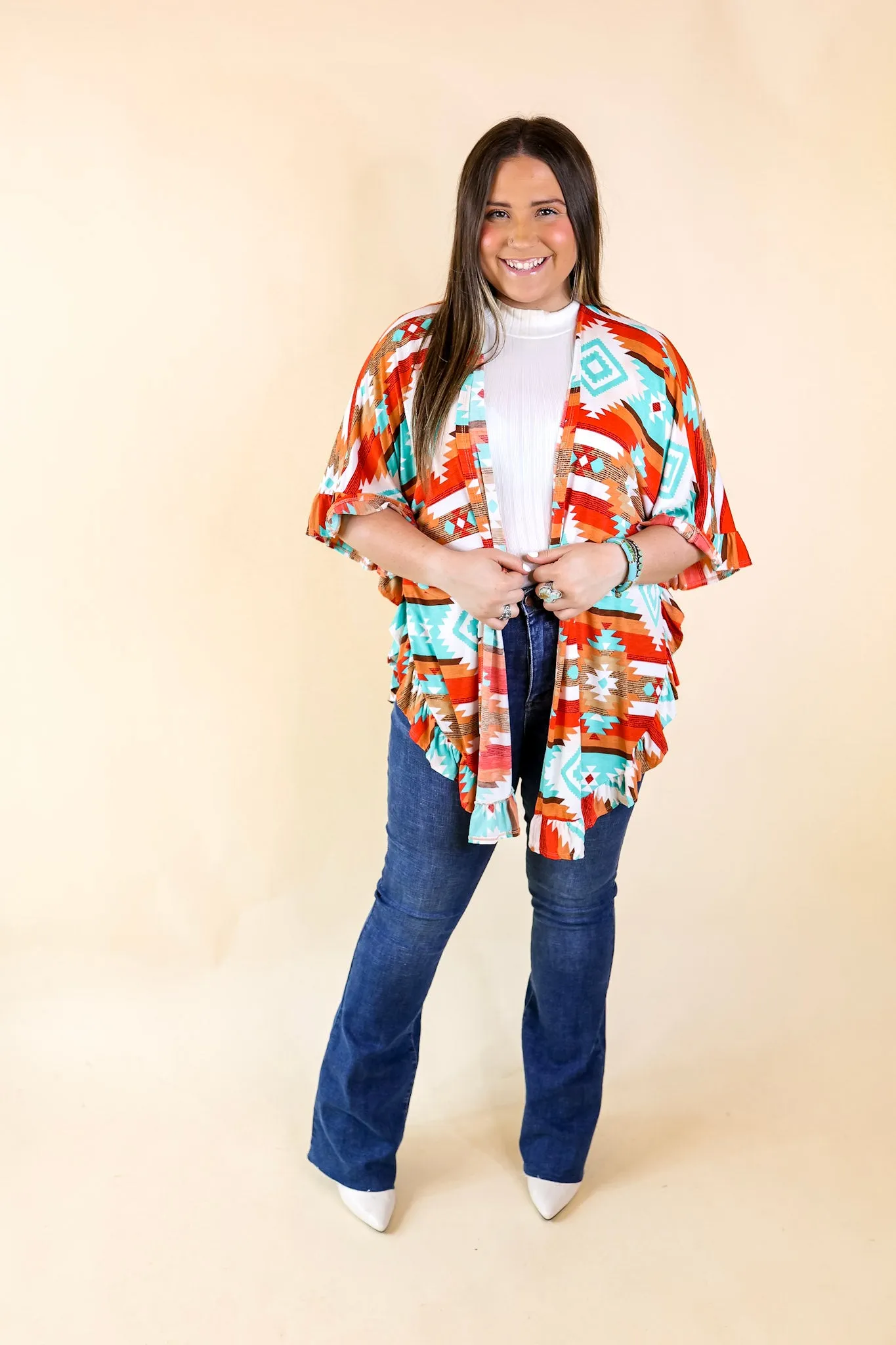 California Casa Aztec Print Kimono with Ruffle Trim in Red and Turquoise