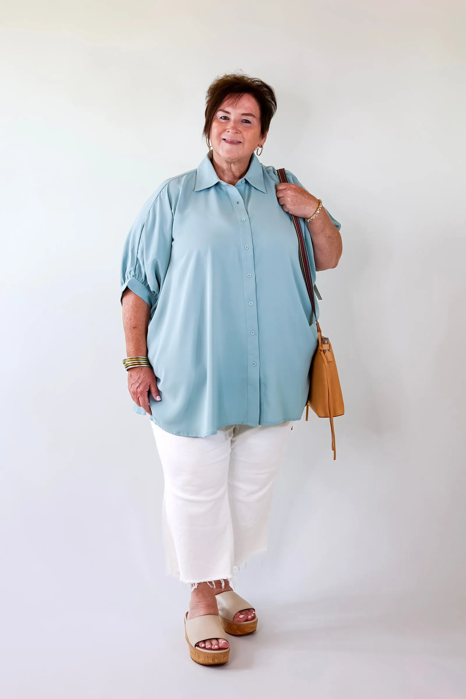 City Lifestyle Button Up Half Sleeve Poncho Top in Seafoam Blue