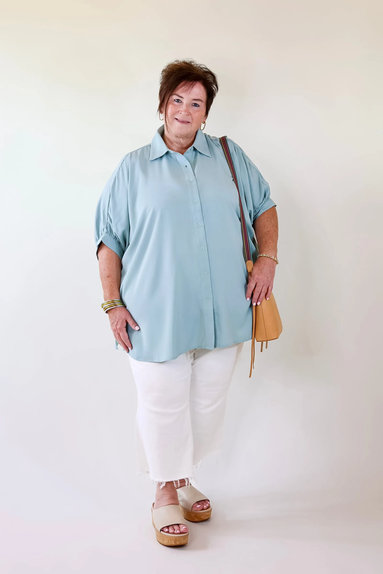 City Lifestyle Button Up Half Sleeve Poncho Top in Seafoam Blue