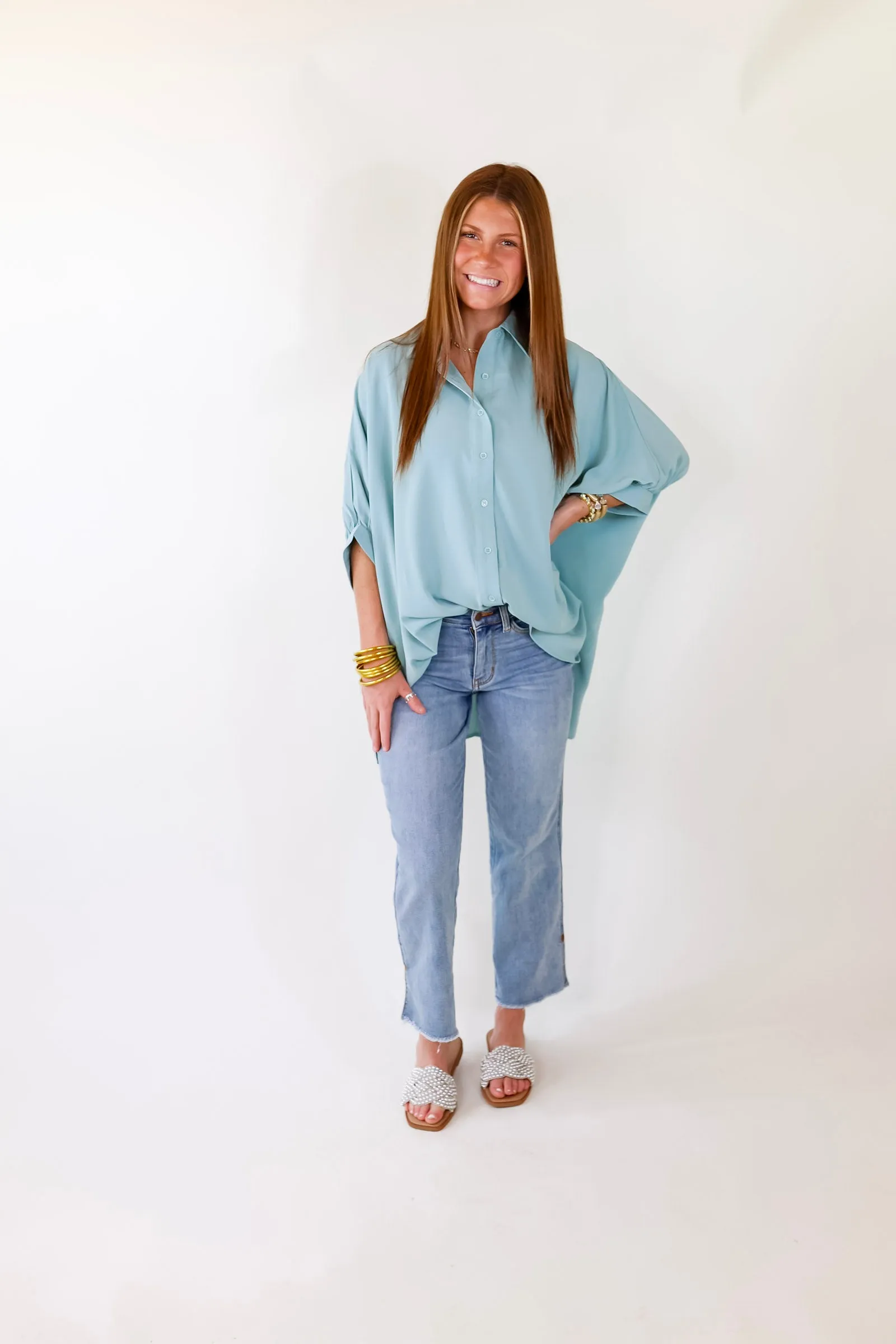 City Lifestyle Button Up Half Sleeve Poncho Top in Seafoam Blue