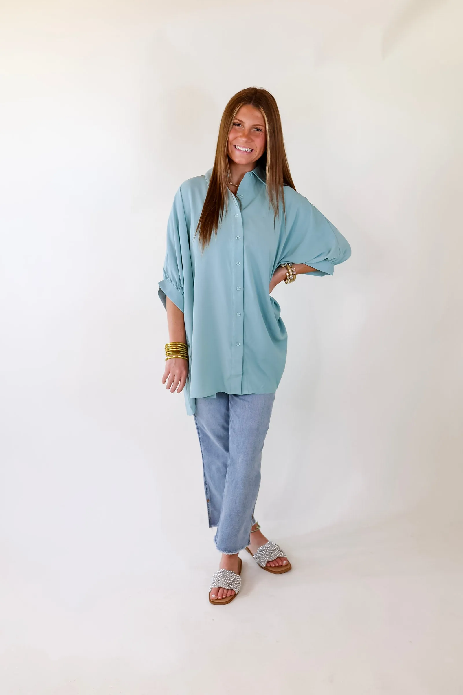 City Lifestyle Button Up Half Sleeve Poncho Top in Seafoam Blue