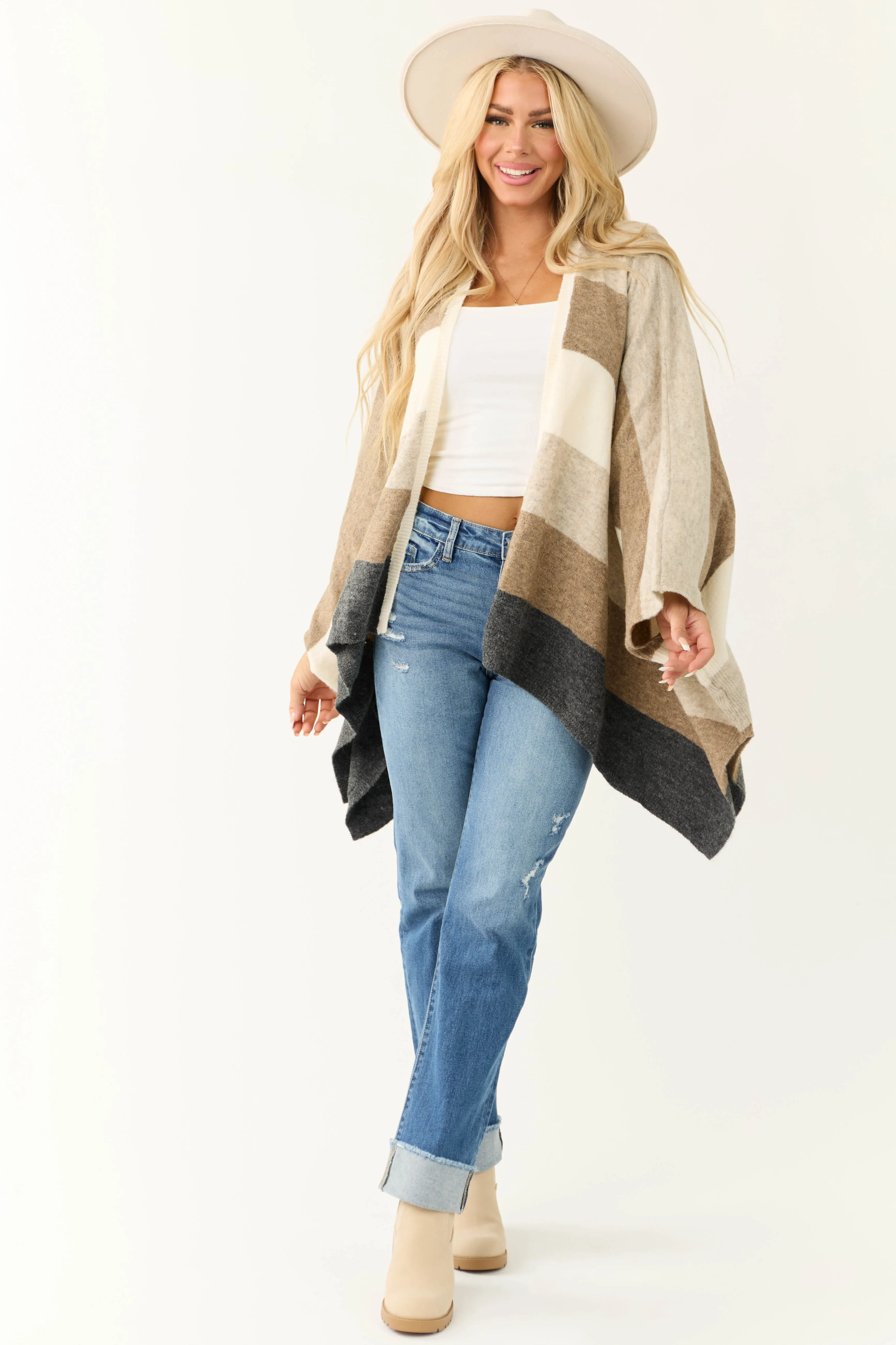 Coconut Thick Stripe Poncho Style Cardigan