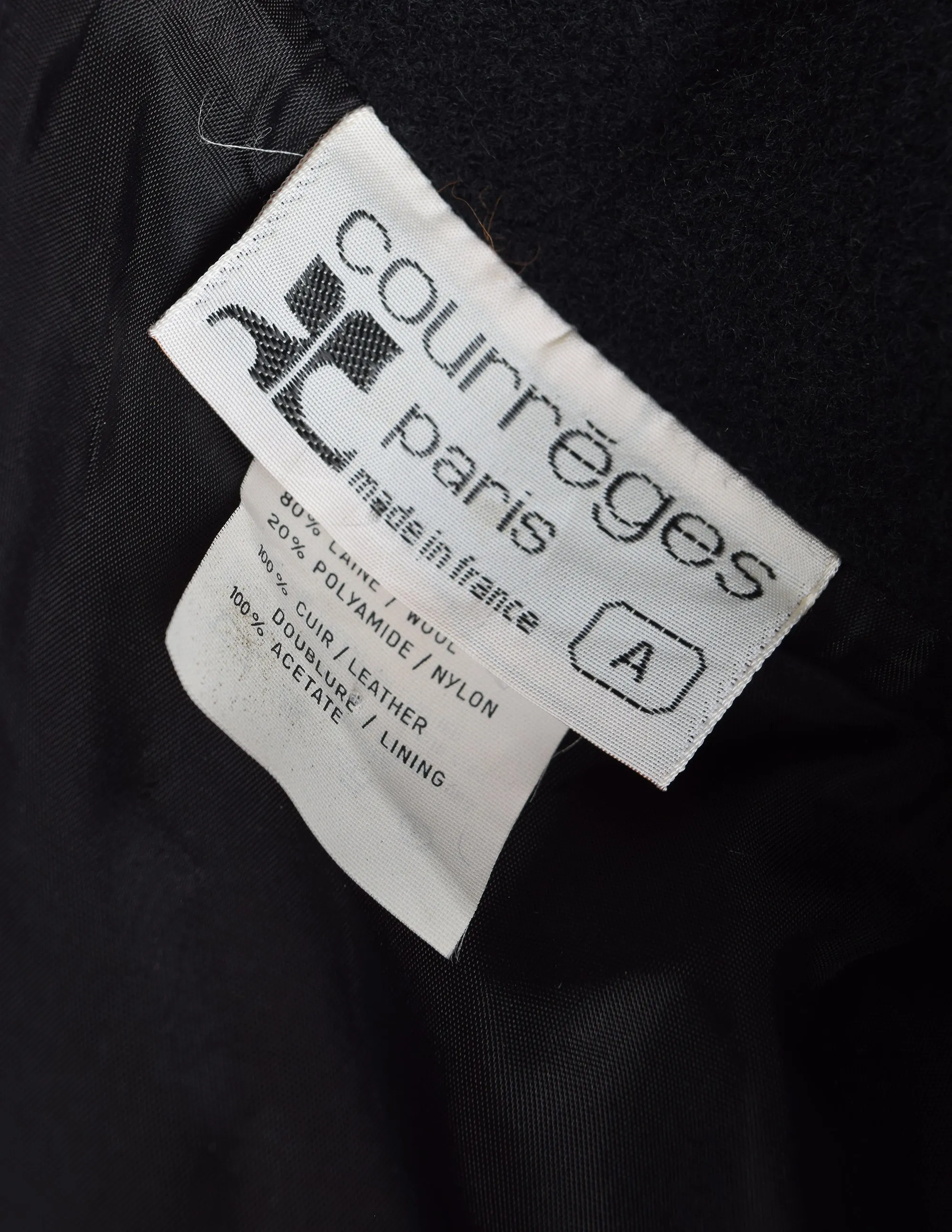 Courreges Vintage 1980s Black Wool Leather Double Breasted Coat