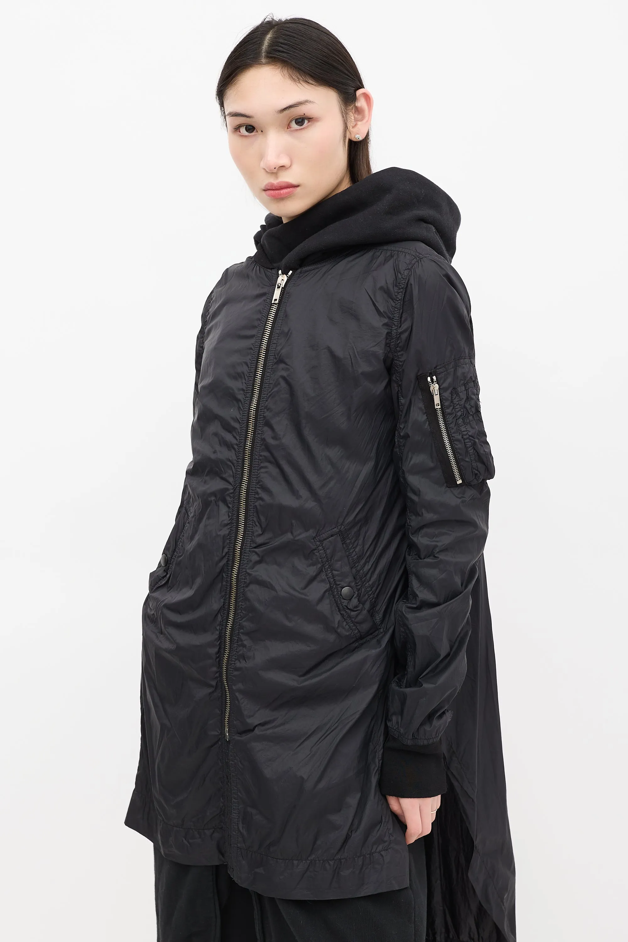 DRKSHDW Black Nylon Long Bomber Coat