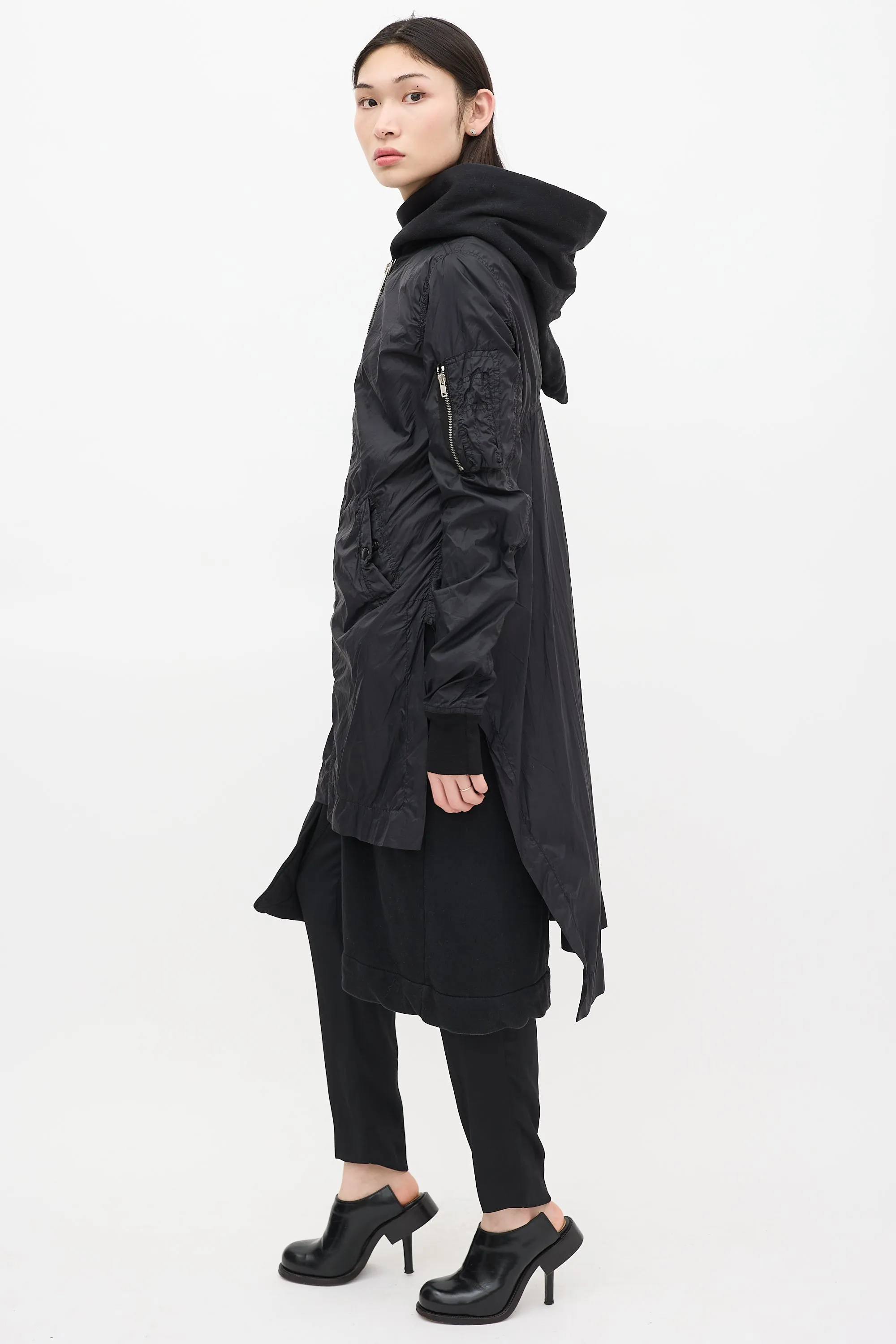 DRKSHDW Black Nylon Long Bomber Coat