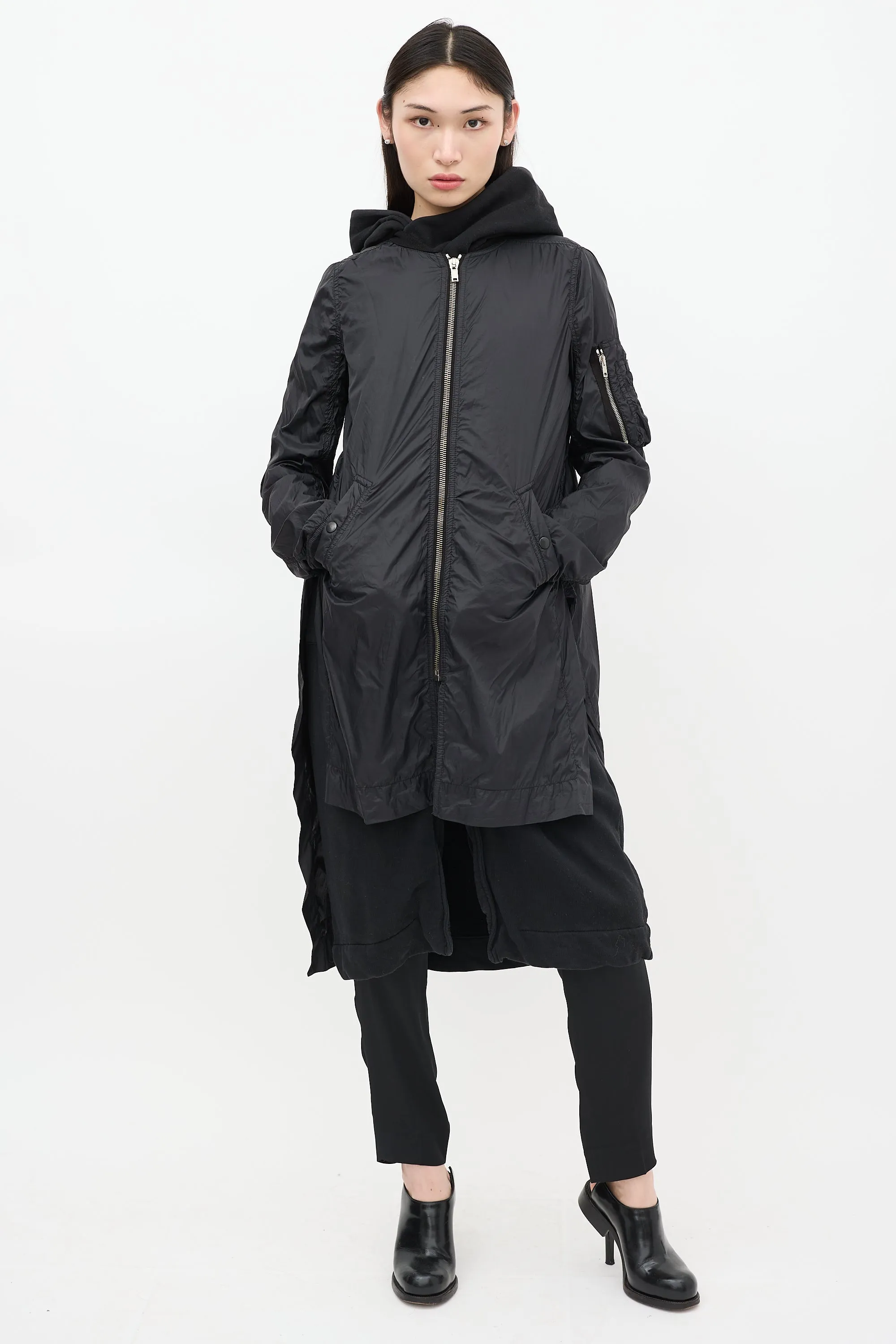 DRKSHDW Black Nylon Long Bomber Coat