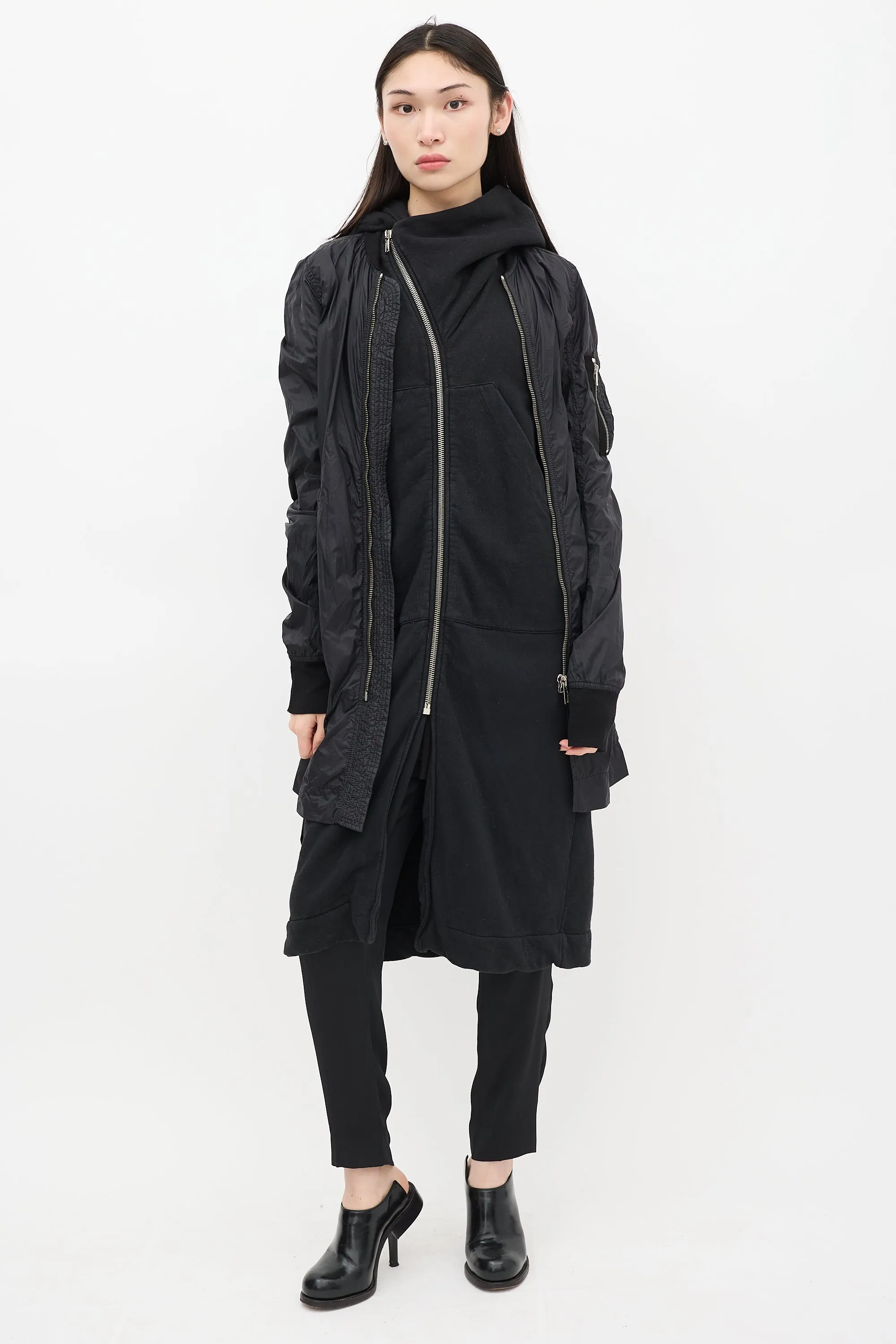 DRKSHDW Black Nylon Long Bomber Coat