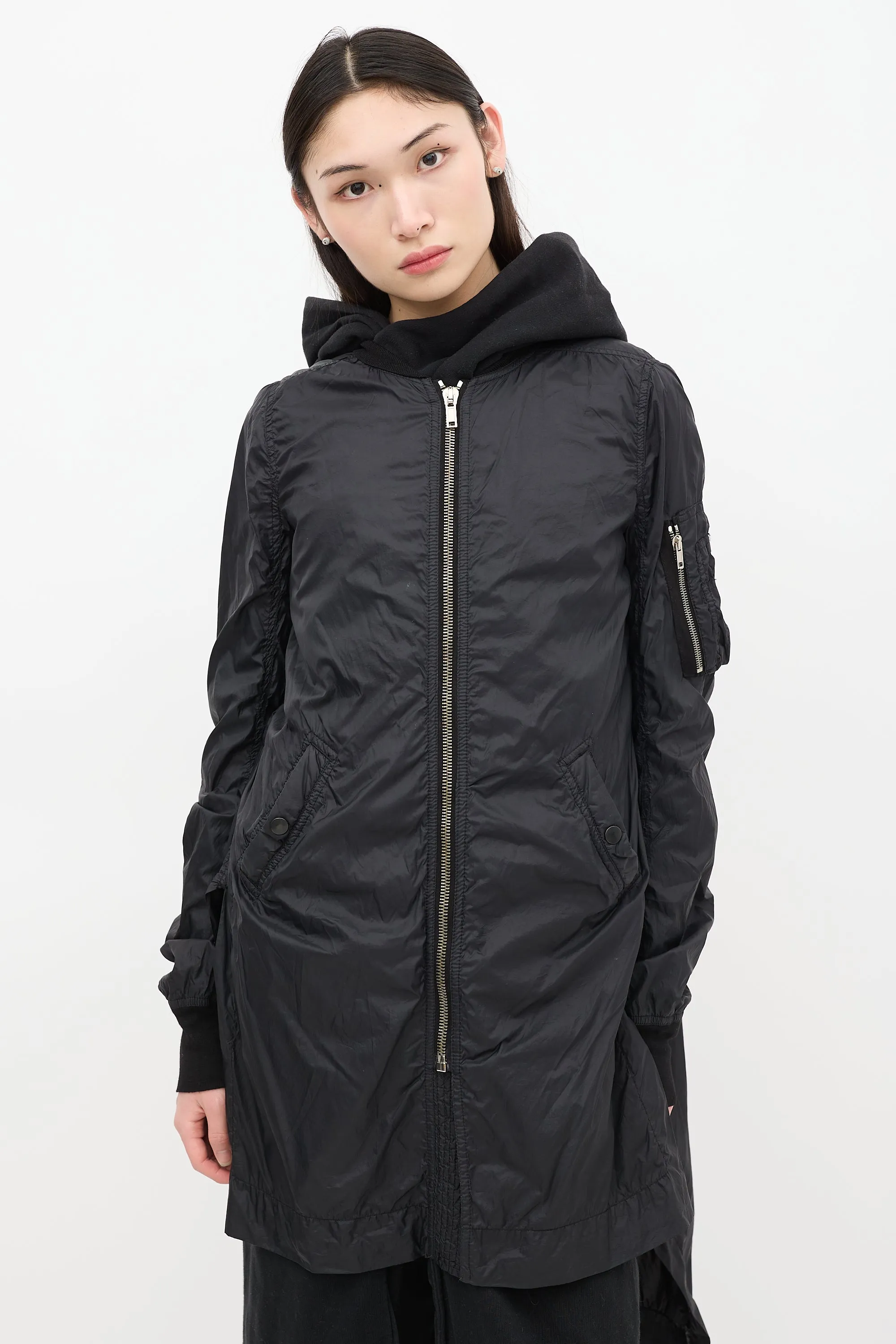 DRKSHDW Black Nylon Long Bomber Coat