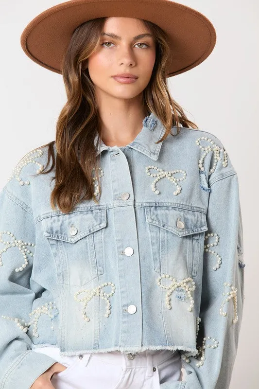 Embellished Bows Blue Denim Jacket