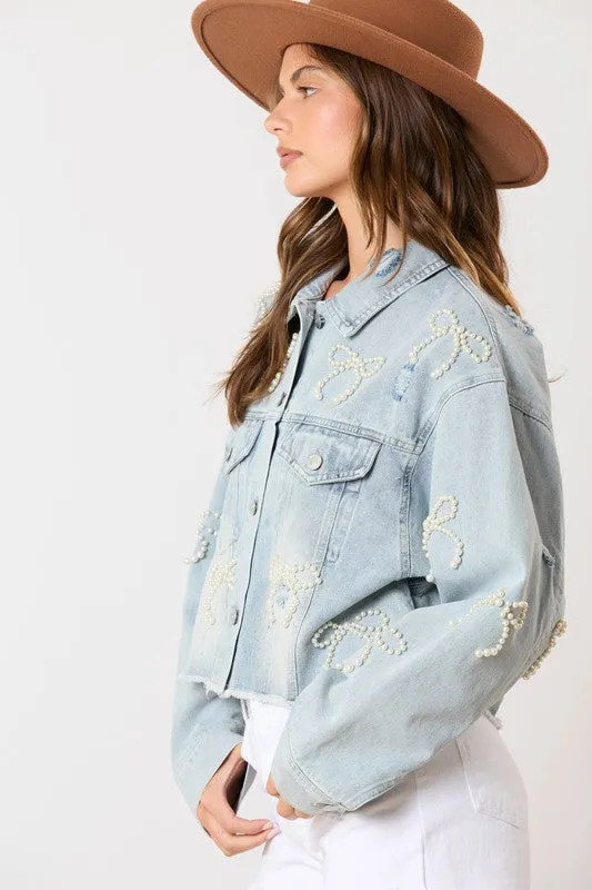 Embellished Bows Blue Denim Jacket