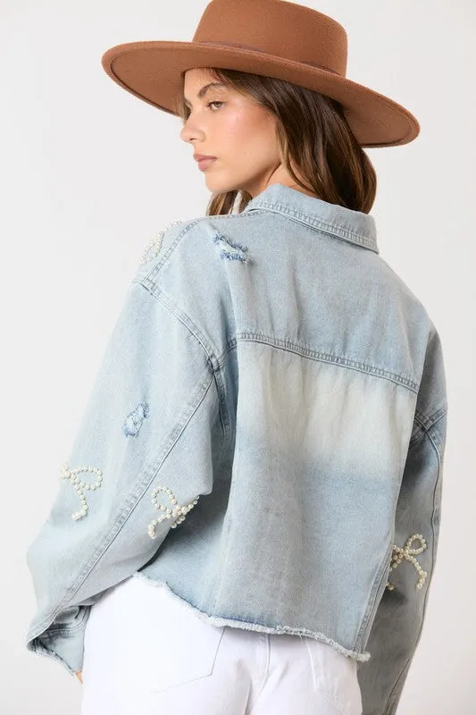 Embellished Bows Blue Denim Jacket