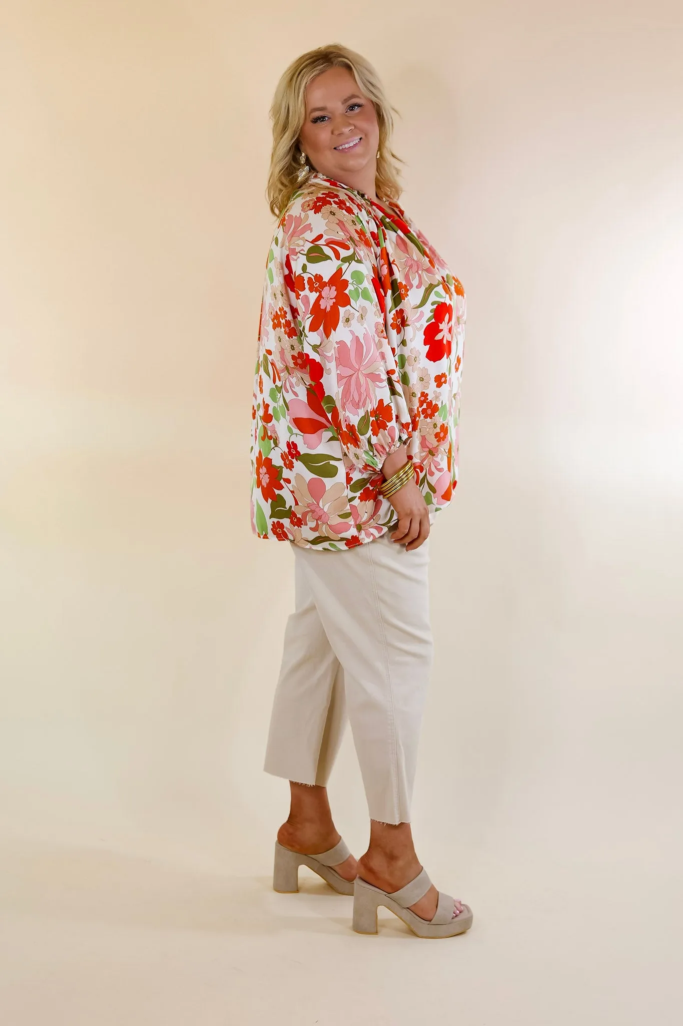 Falling For Floral 3/4 Sleeve Top with Notched Neck in White