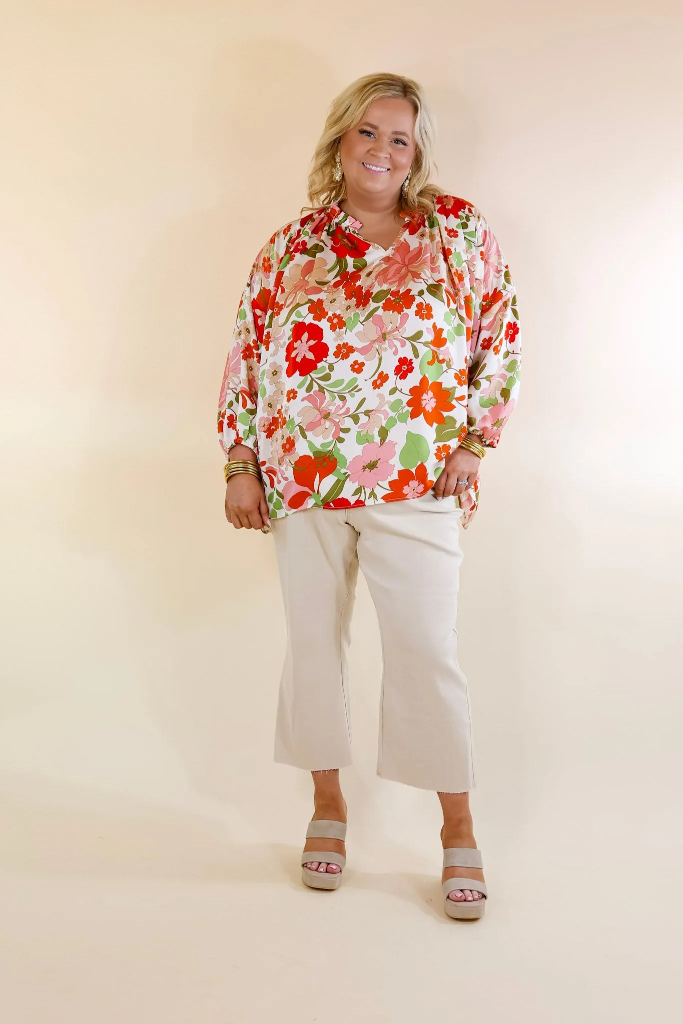 Falling For Floral 3/4 Sleeve Top with Notched Neck in White