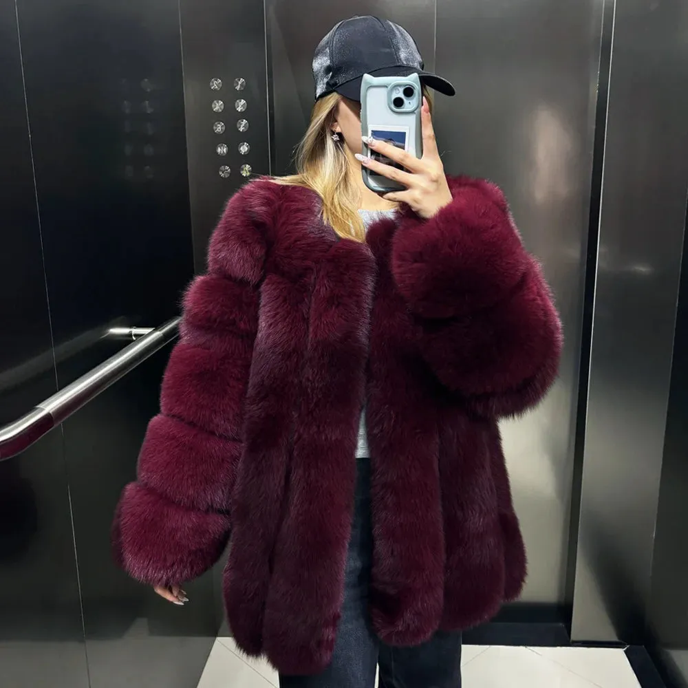 Genuine Fox Fur Coat with Vertical Panel