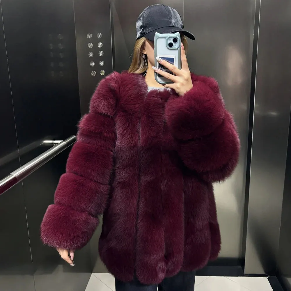 Genuine Fox Fur Coat with Vertical Panel