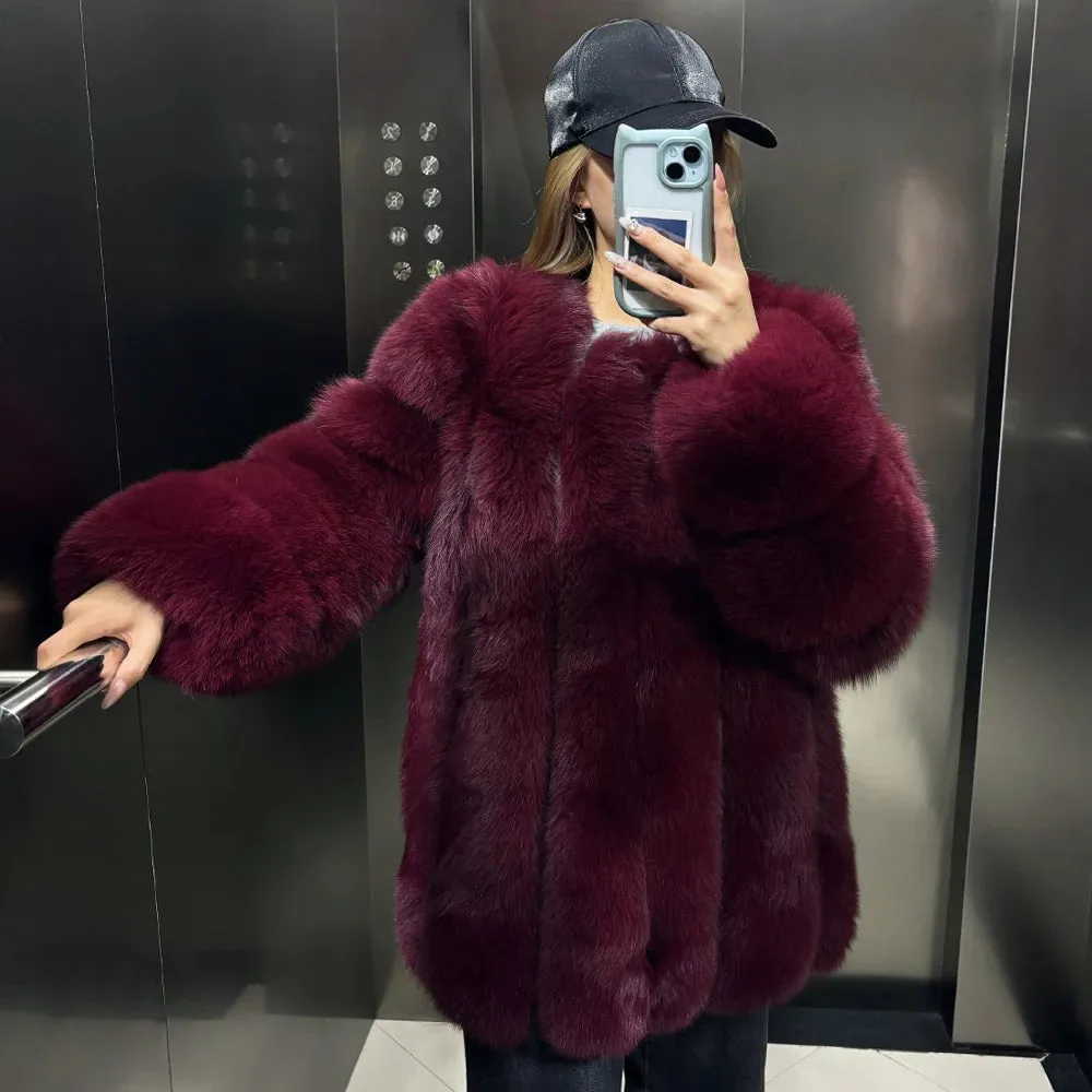 Genuine Fox Fur Coat with Vertical Panel