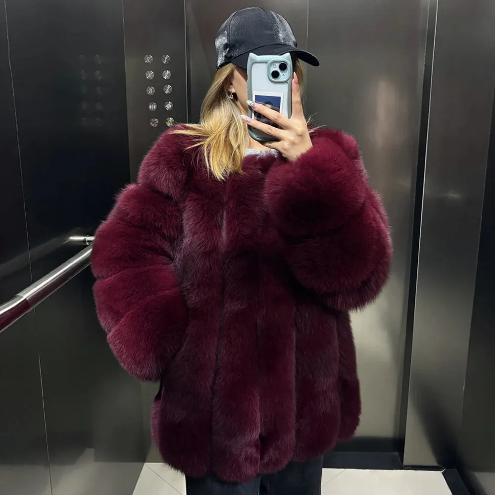 Genuine Fox Fur Coat with Vertical Panel