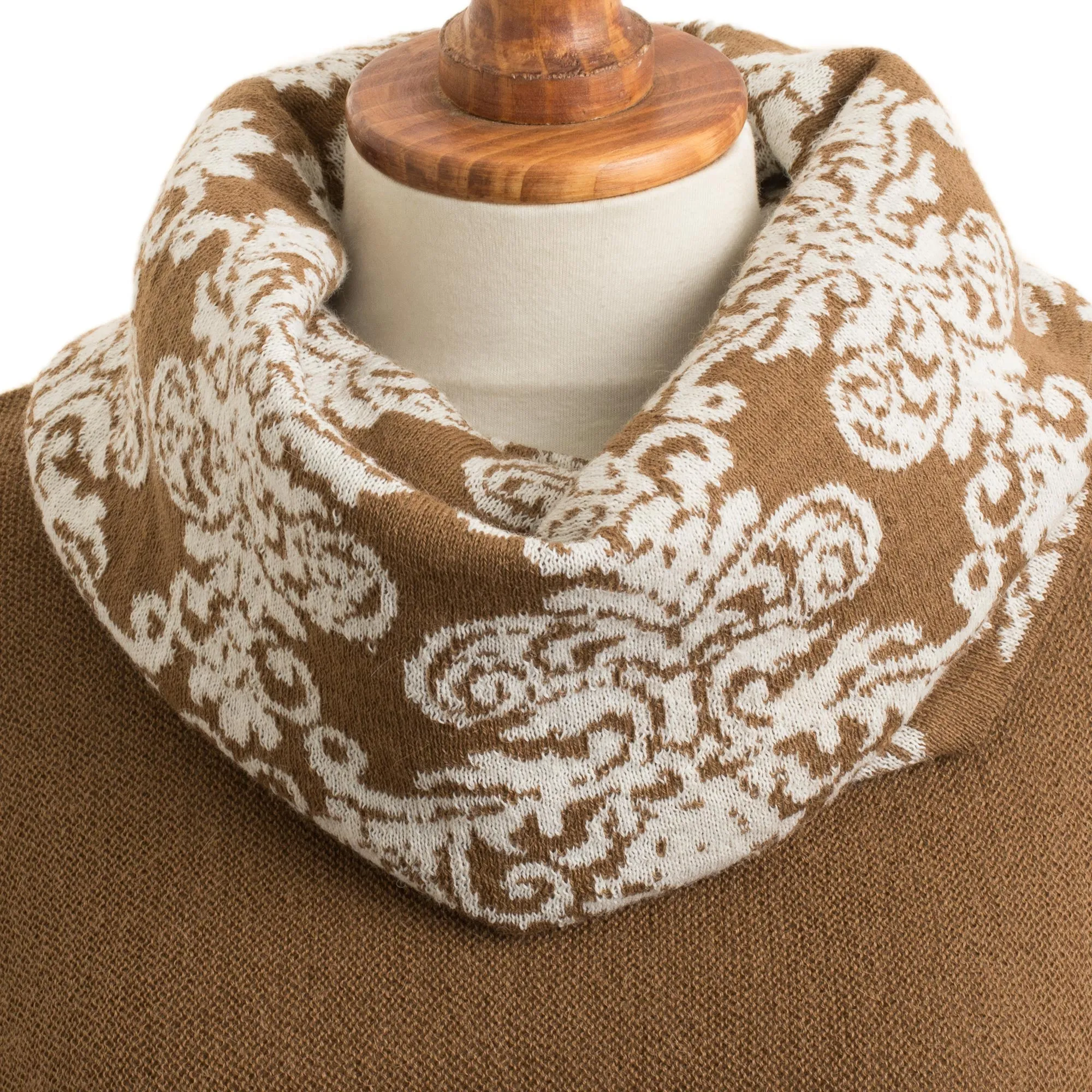 Glamour Glimpses Sepia Brown and Ivory Alpaca Blend Cowl Neck Knit Poncho