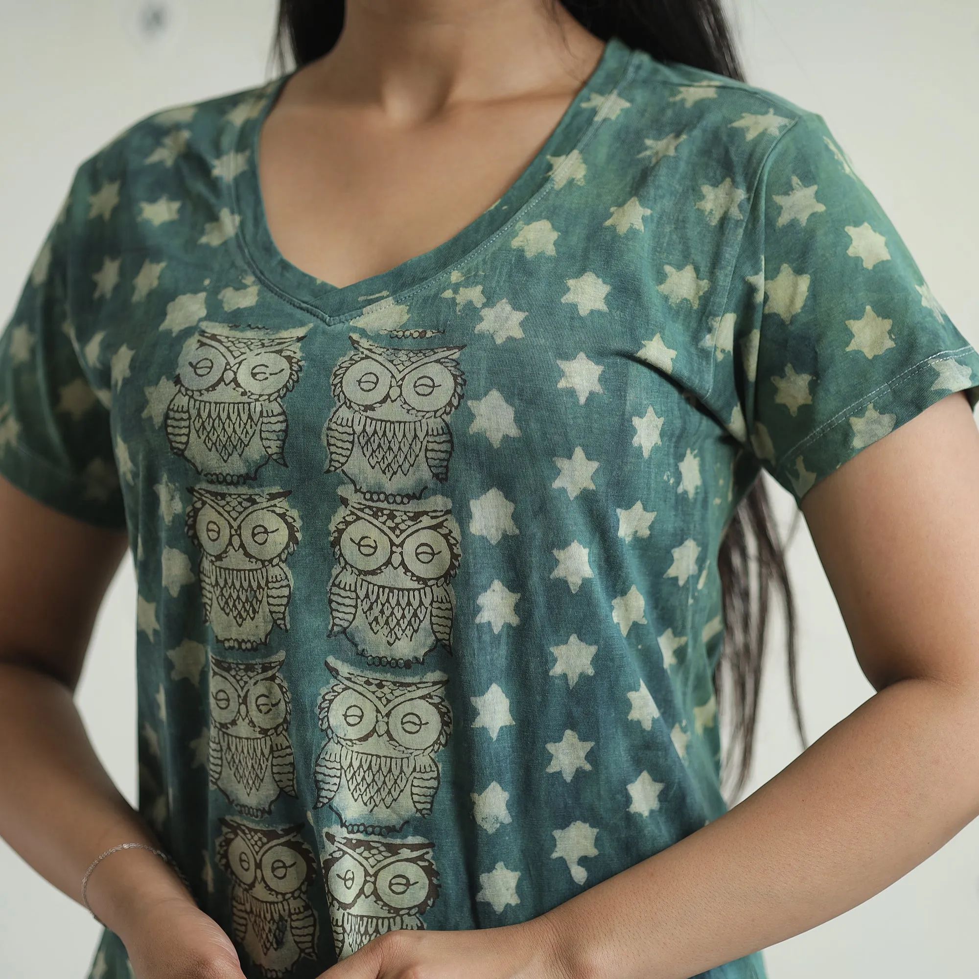 Green - Bindaas Block Art Printed Cotton Women V Neck T-shirt 16